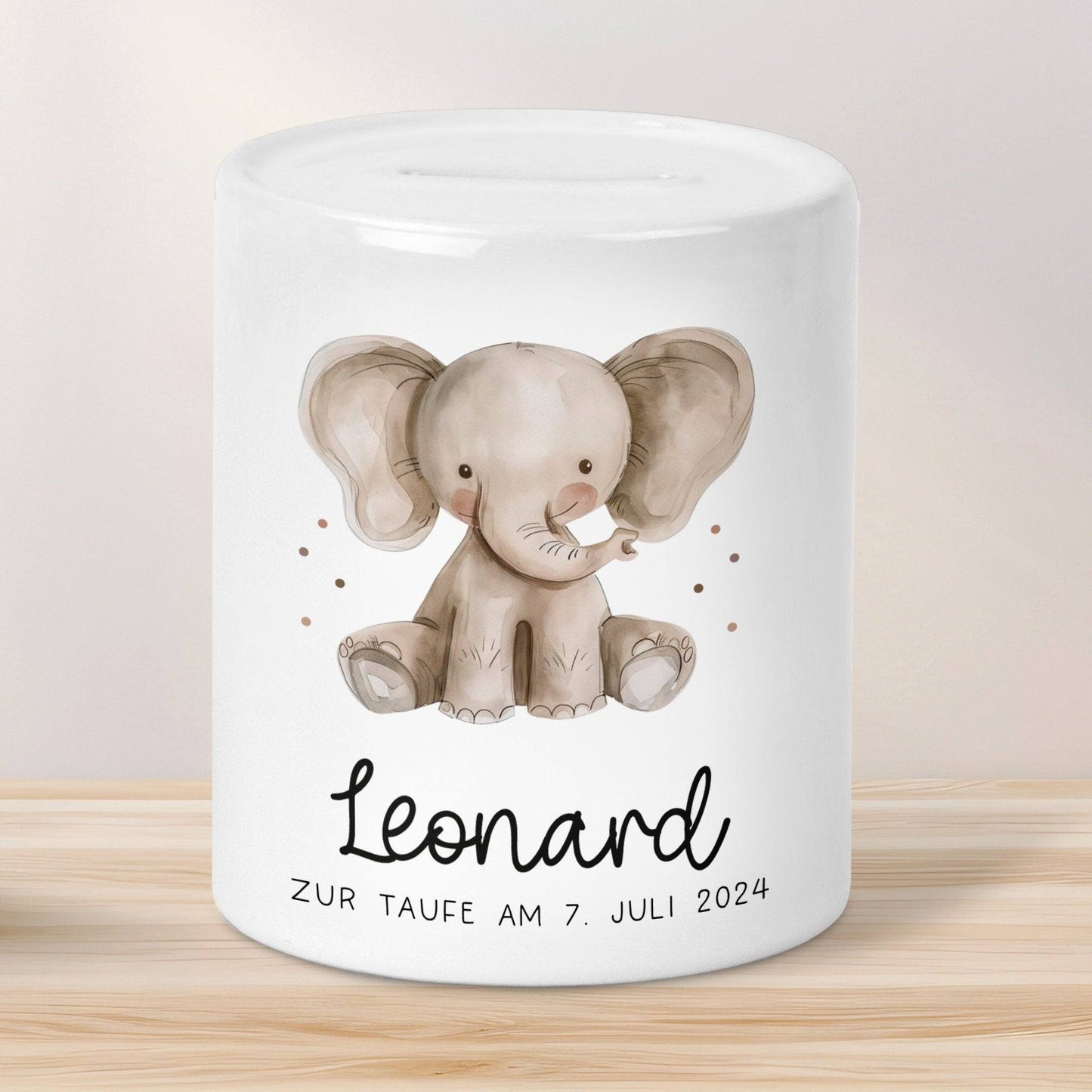 Spardose mit Namen Elefant Tier Personalisiert optional mit Datum - Grau - Geschenk für Junge & Mädchen zum Geburtstag Weihnachten Firmung kleinebuchstaben