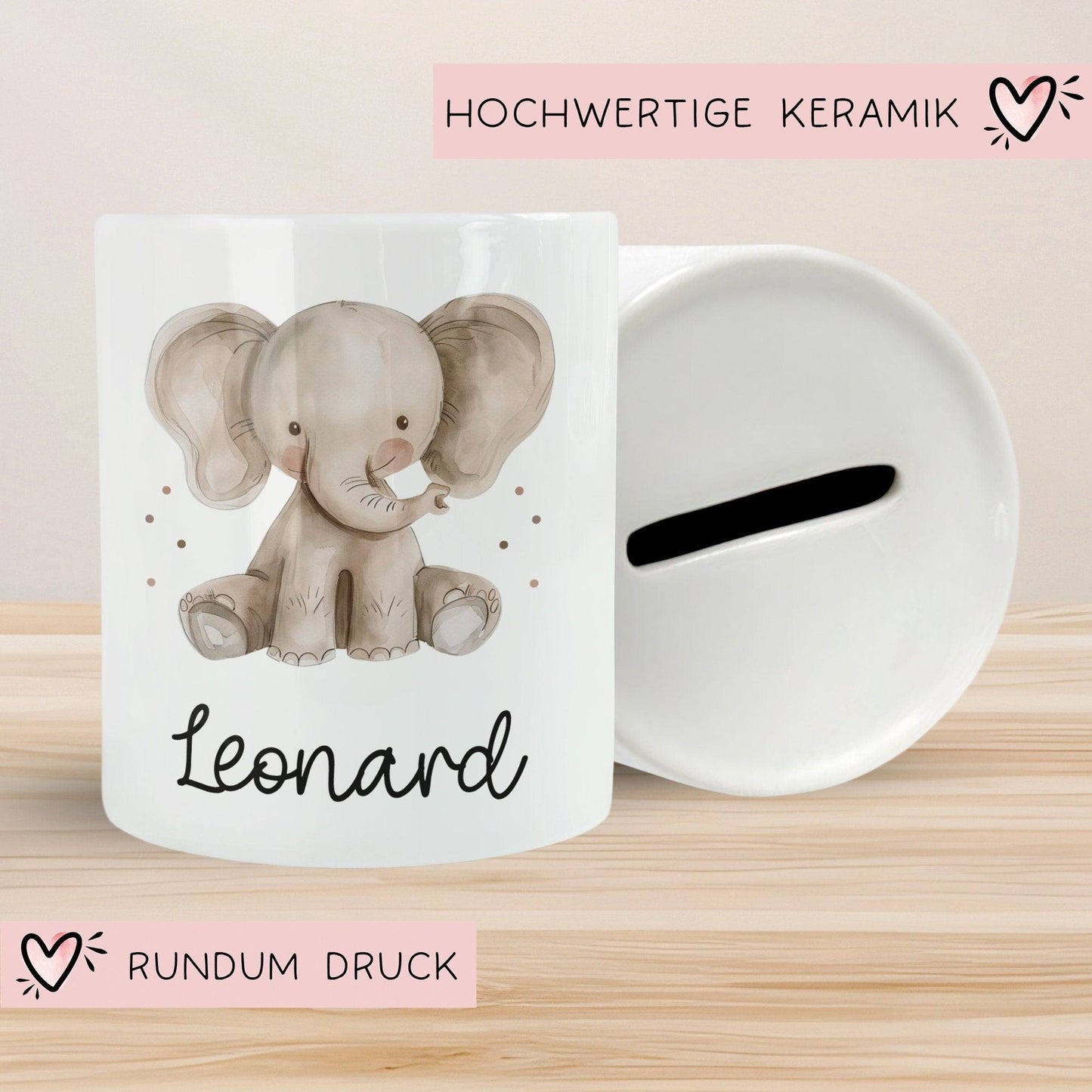 Spardose mit Namen Elefant Tier Personalisiert optional mit Datum - Grau - Geschenk für Junge & Mädchen zum Geburtstag Weihnachten Firmung kleinebuchstaben