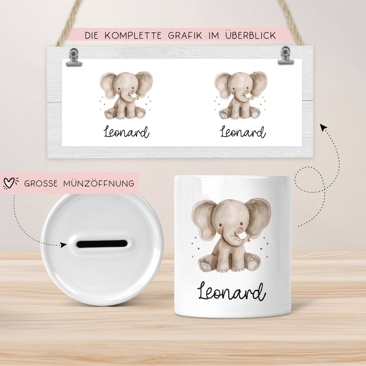 Spardose mit Namen Elefant Tier Personalisiert optional mit Datum - Grau - Geschenk für Junge & Mädchen zum Geburtstag Weihnachten Firmung kleinebuchstaben