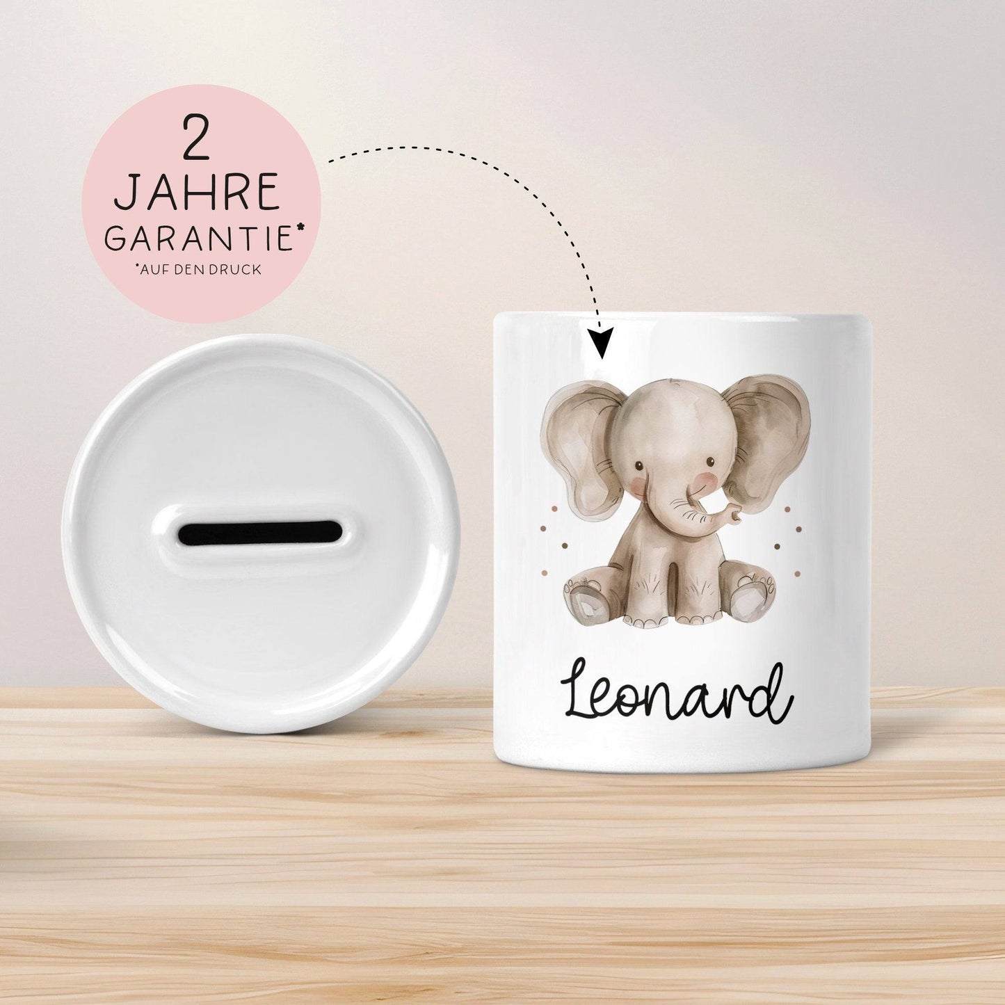 Spardose mit Namen Elefant Tier Personalisiert optional mit Datum - Grau - Geschenk für Junge & Mädchen zum Geburtstag Weihnachten Firmung kleinebuchstaben