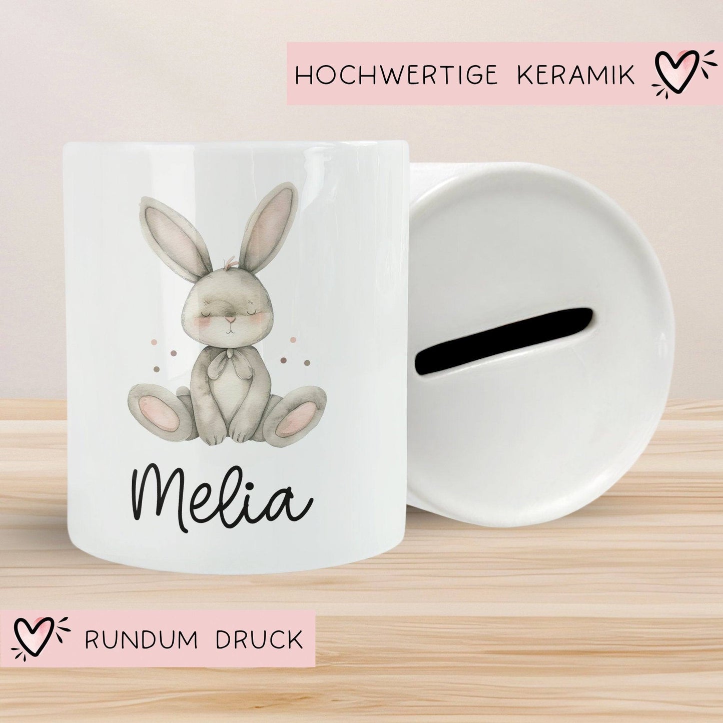 Personalisierte Kinder Spardose Hase Tier mit Namen optional mit Datum - Braun - Geschenk für Junge & Mädchen zum Geburtstag Weihnachten kleinebuchstaben
