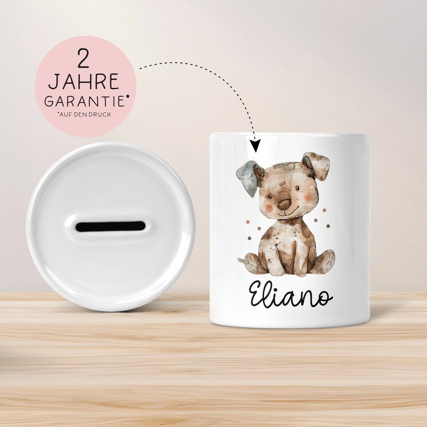 Personalisierte Kinder Spardose Hund Tier mit Namen optional mit Datum - Braun - Geschenk für Junge & Mädchen zum Geburtstag Weihnachten kleinebuchstaben