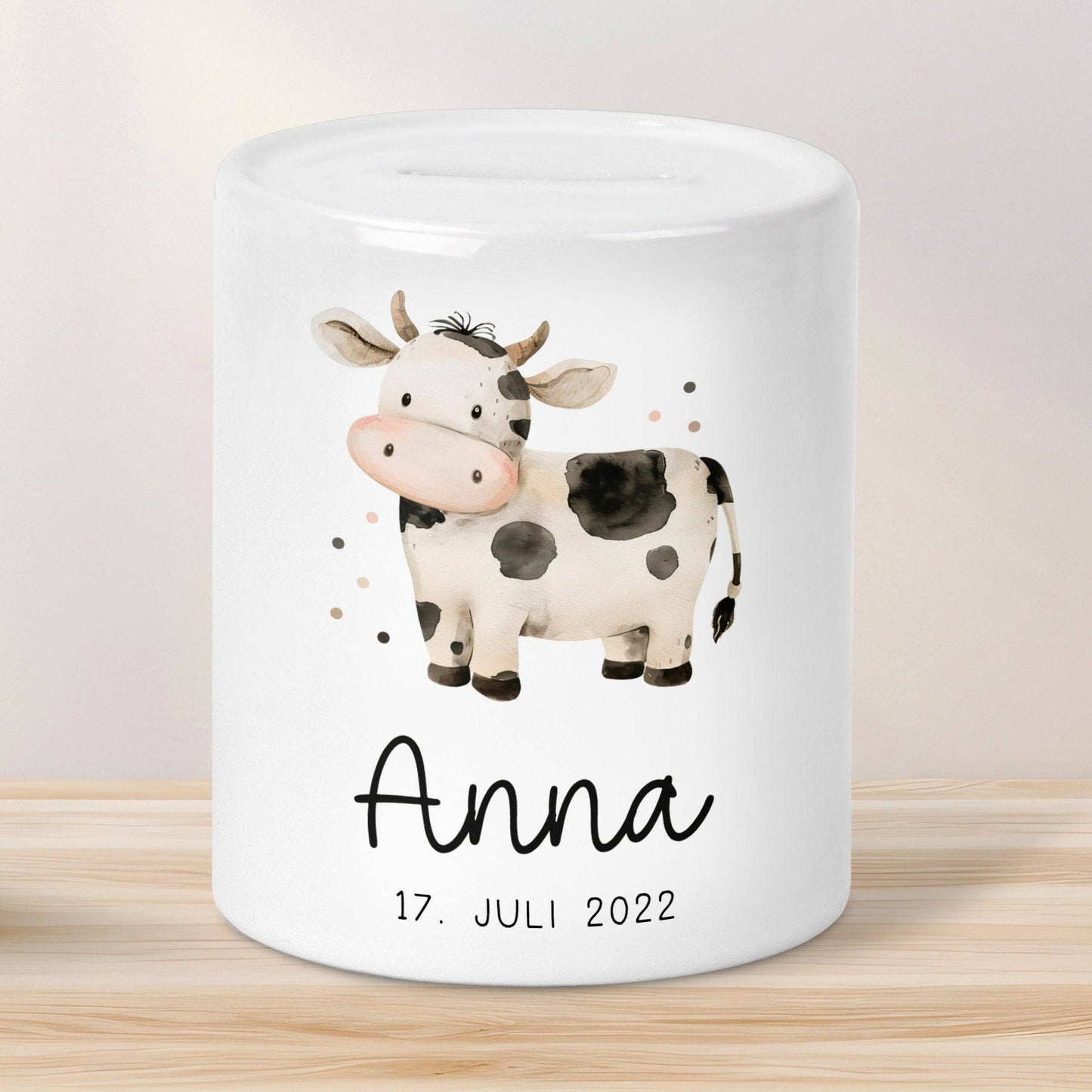 Spardose mit Namen Kuh Tier Personalisiert optional mit Datum - Schwarz Weiß - Geschenk für Junge & Mädchen zum Geburtstag Weihnachten kleinebuchstaben