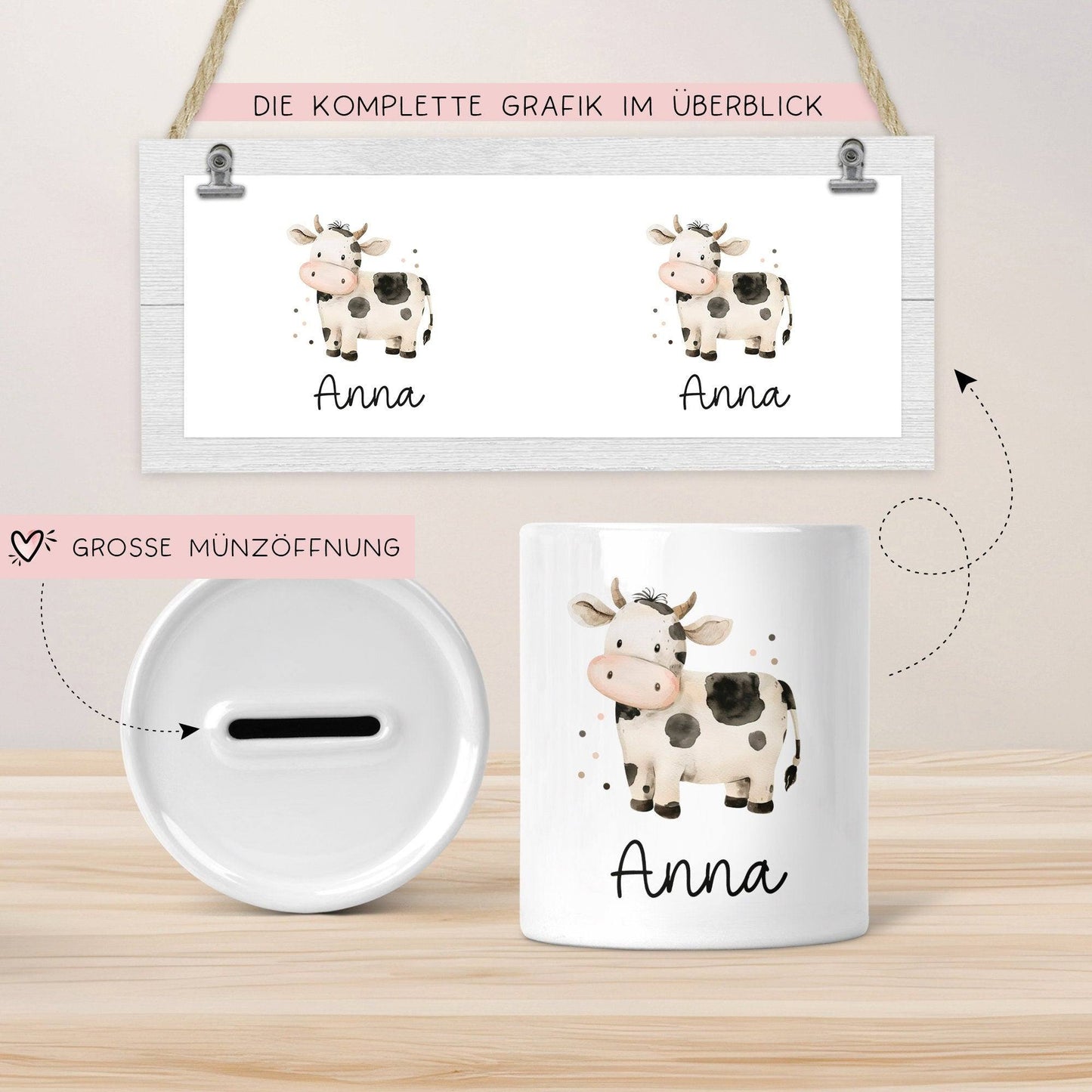 Spardose mit Namen Kuh Tier Personalisiert optional mit Datum - Schwarz Weiß - Geschenk für Junge & Mädchen zum Geburtstag Weihnachten kleinebuchstaben