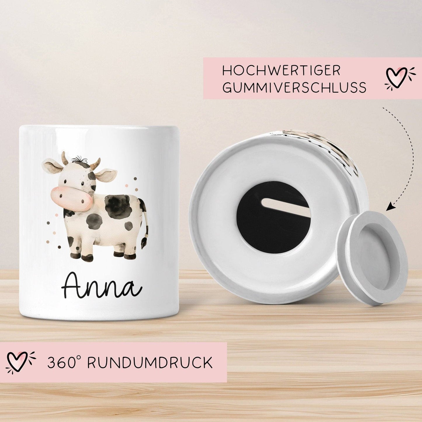 Spardose mit Namen Kuh Tier Personalisiert optional mit Datum - Schwarz Weiß - Geschenk für Junge & Mädchen zum Geburtstag Weihnachten kleinebuchstaben