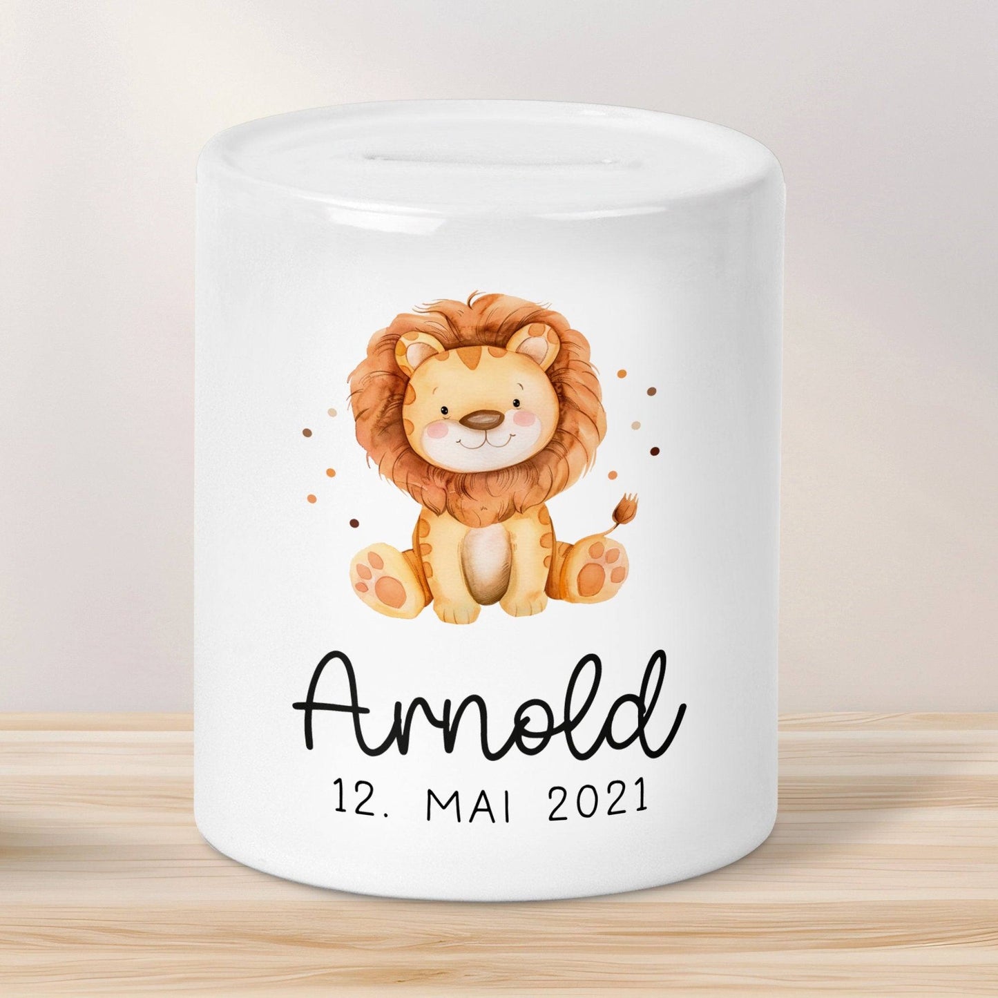 Personalisierte Kinder Spardose Löwe Tier mit Namen optional mit Datum - Gelb - Geschenk für Junge & Mädchen zum Geburtstag Weihnachten kleinebuchstaben