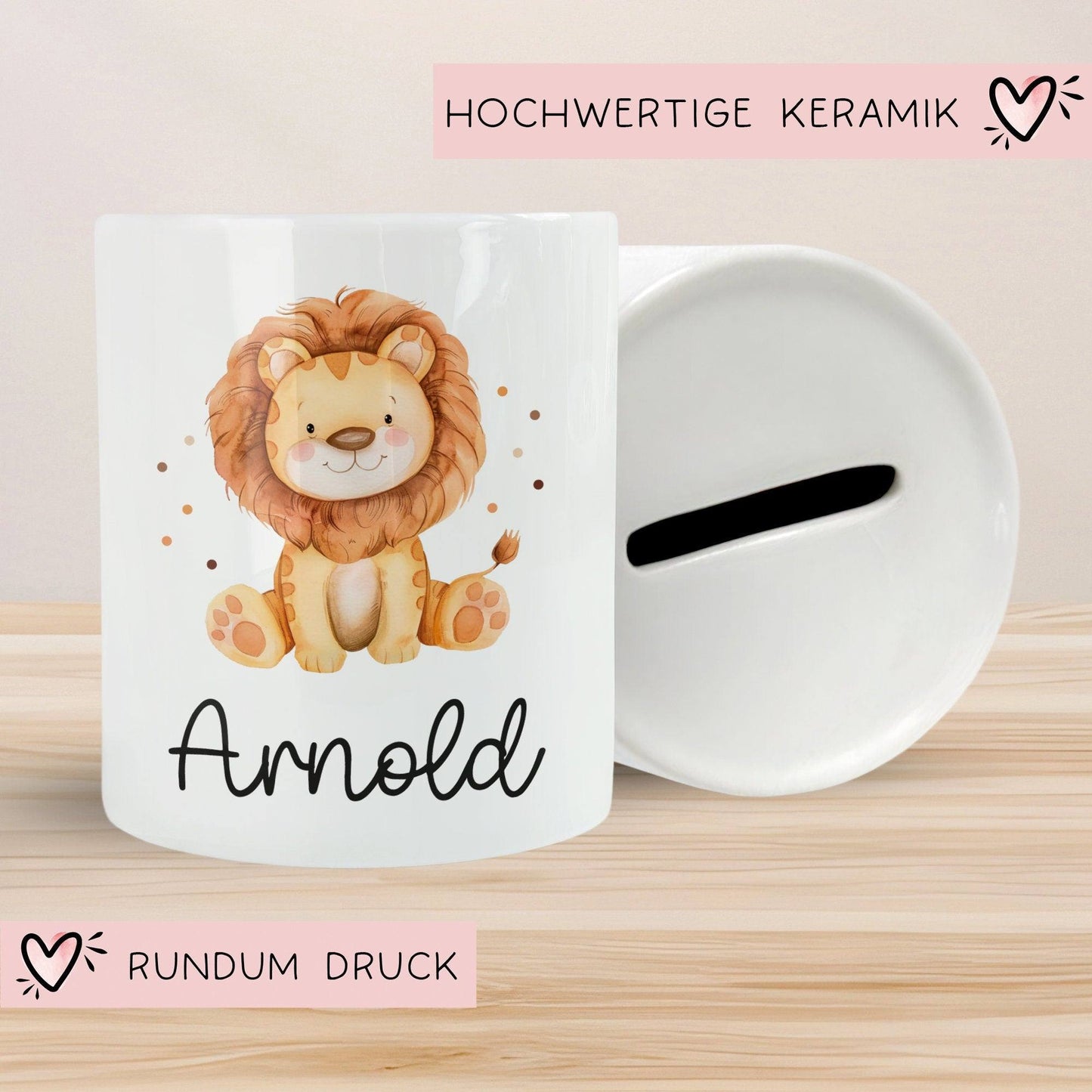 Personalisierte Kinder Spardose Löwe Tier mit Namen optional mit Datum - Gelb - Geschenk für Junge & Mädchen zum Geburtstag Weihnachten kleinebuchstaben
