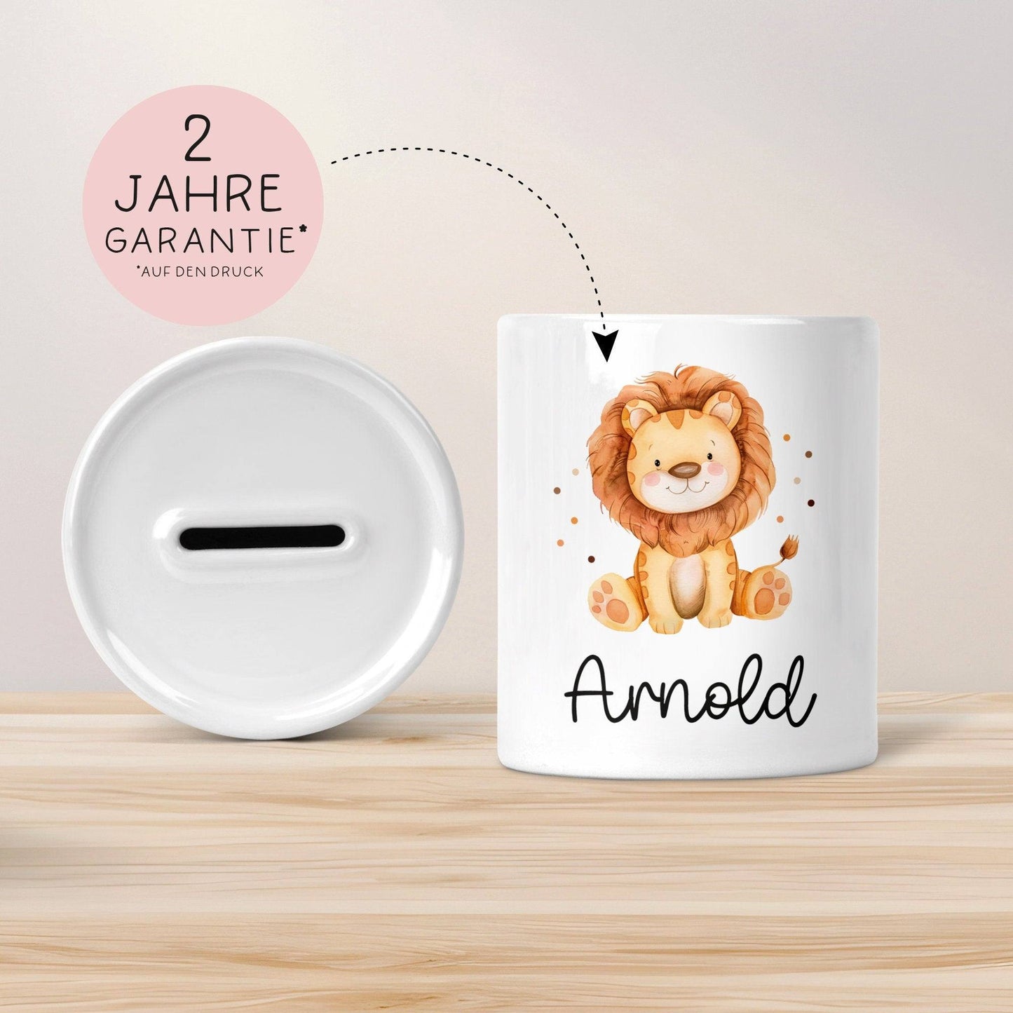 Personalisierte Kinder Spardose Löwe Tier mit Namen optional mit Datum - Gelb - Geschenk für Junge & Mädchen zum Geburtstag Weihnachten kleinebuchstaben