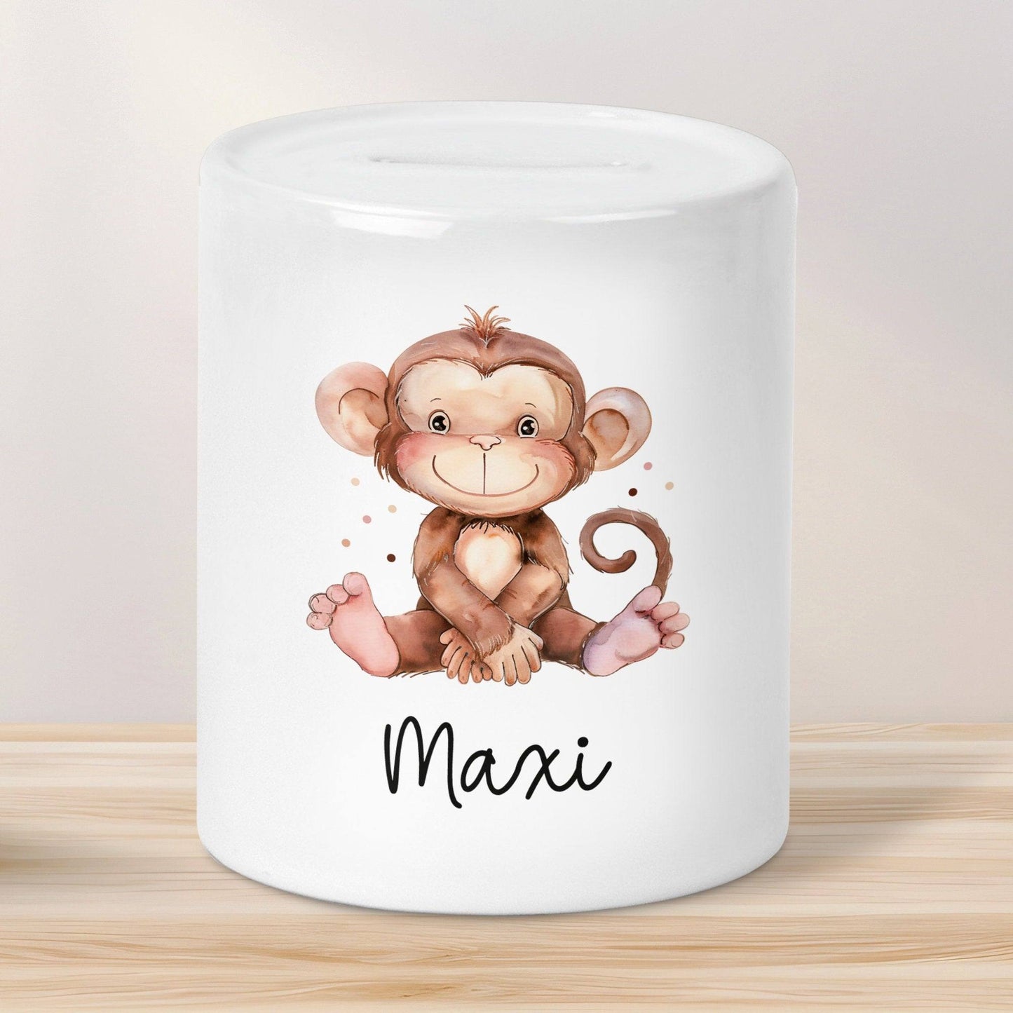 Personalisierte Kinder Spardose Tiere mit Namen optional mit Datum Geschenk für Junge & Mädchen zum Geburtstag Weihnachten, Löwe, Pferd kleinebuchstaben Spardose Affe