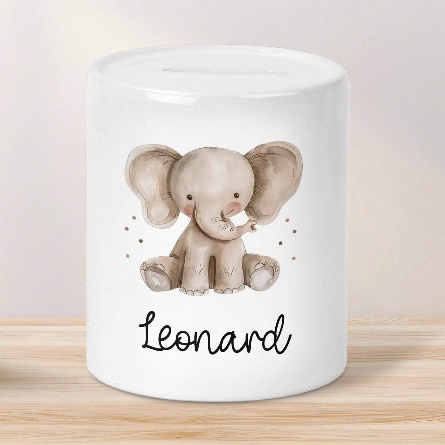 Personalisierte Kinder Spardose Tiere mit Namen optional mit Datum Geschenk für Junge & Mädchen zum Geburtstag Weihnachten, Löwe, Pferd kleinebuchstaben Spardose Elefant