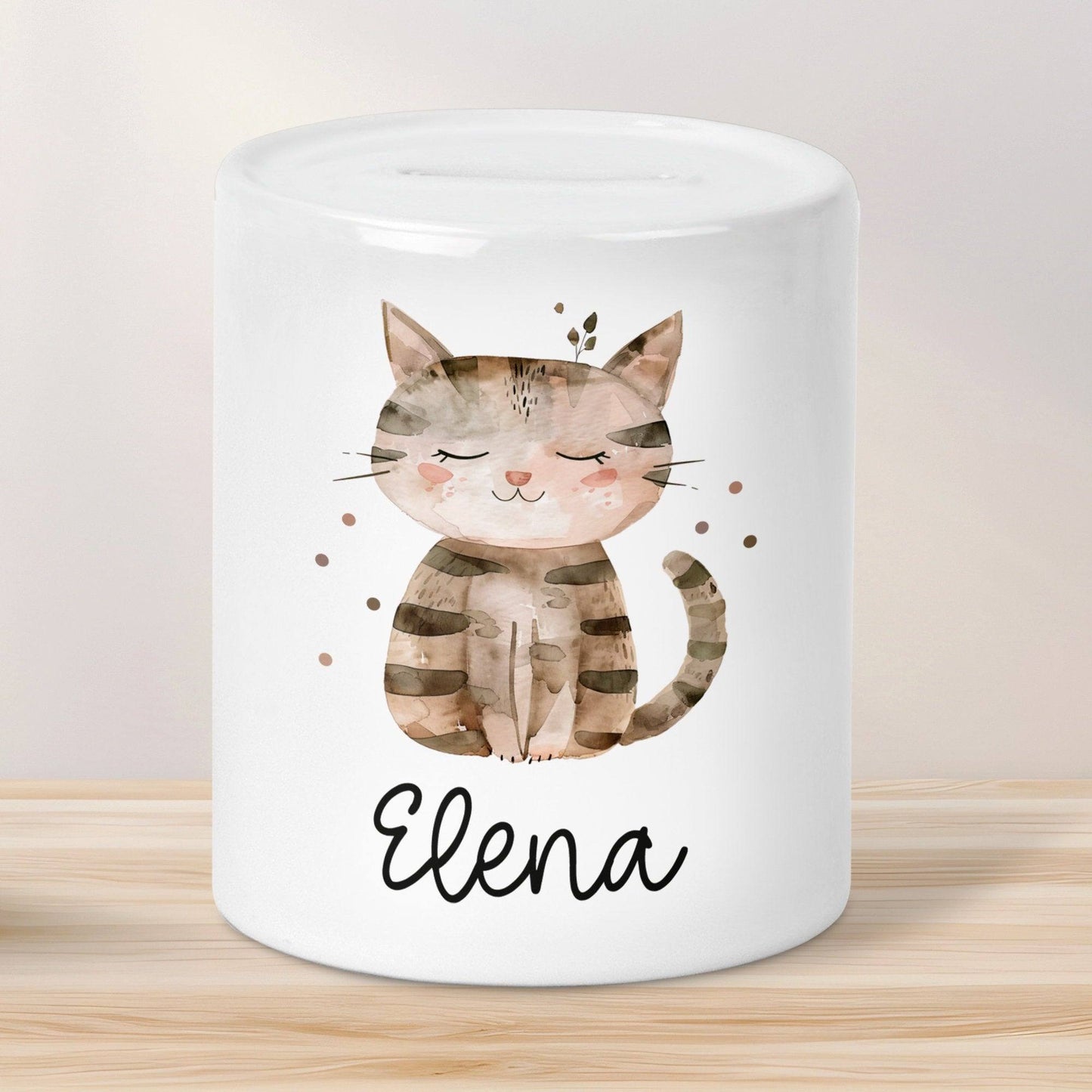 Personalisierte Kinder Spardose Tiere mit Namen optional mit Datum Geschenk für Junge & Mädchen zum Geburtstag Weihnachten, Löwe, Pferd kleinebuchstaben Spardose Katze