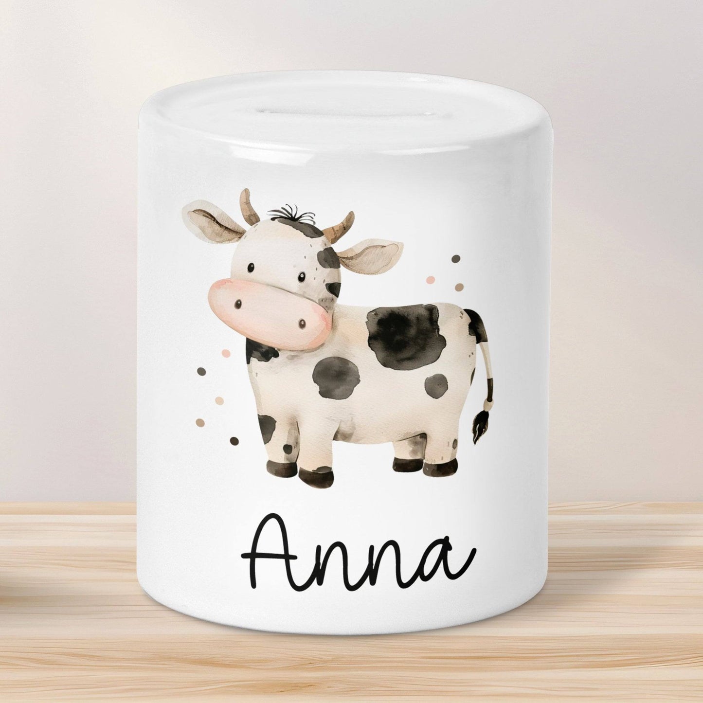 Personalisierte Kinder Spardose Tiere mit Namen optional mit Datum Geschenk für Junge & Mädchen zum Geburtstag Weihnachten, Löwe, Pferd kleinebuchstaben Spardose Kuh