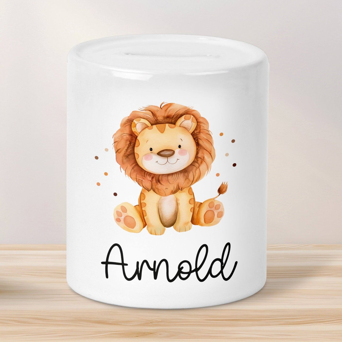 Personalisierte Kinder Spardose Tiere mit Namen optional mit Datum Geschenk für Junge & Mädchen zum Geburtstag Weihnachten, Löwe, Pferd kleinebuchstaben Spardose Löwe