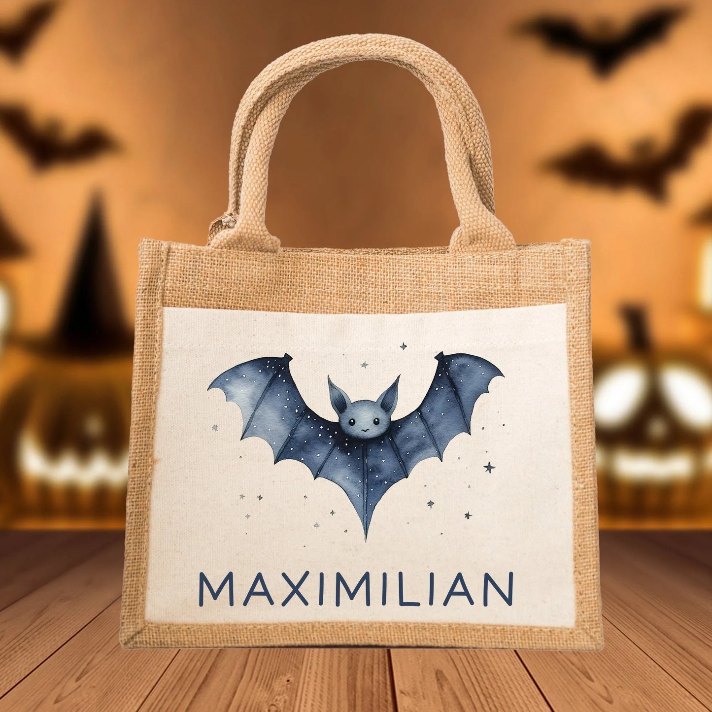Personalisierte Halloween Tasche | Beutel mit Fledermaus und Name| Candy Bag mit Namen | Tragetasche für Kinder für Süßigkeiten an Halloween kleinebuchstaben Fledermaus Schriftart 1