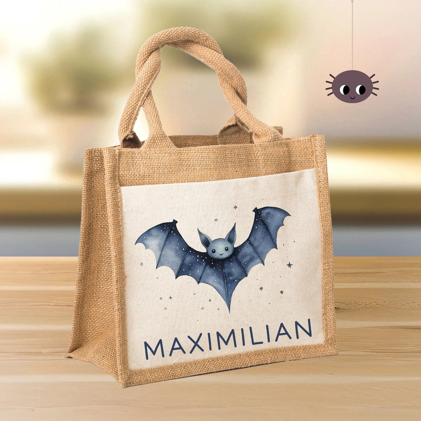Personalisierte Halloween Tasche | Beutel mit Fledermaus und Name| Candy Bag mit Namen | Tragetasche für Kinder für Süßigkeiten an Halloween kleinebuchstaben
