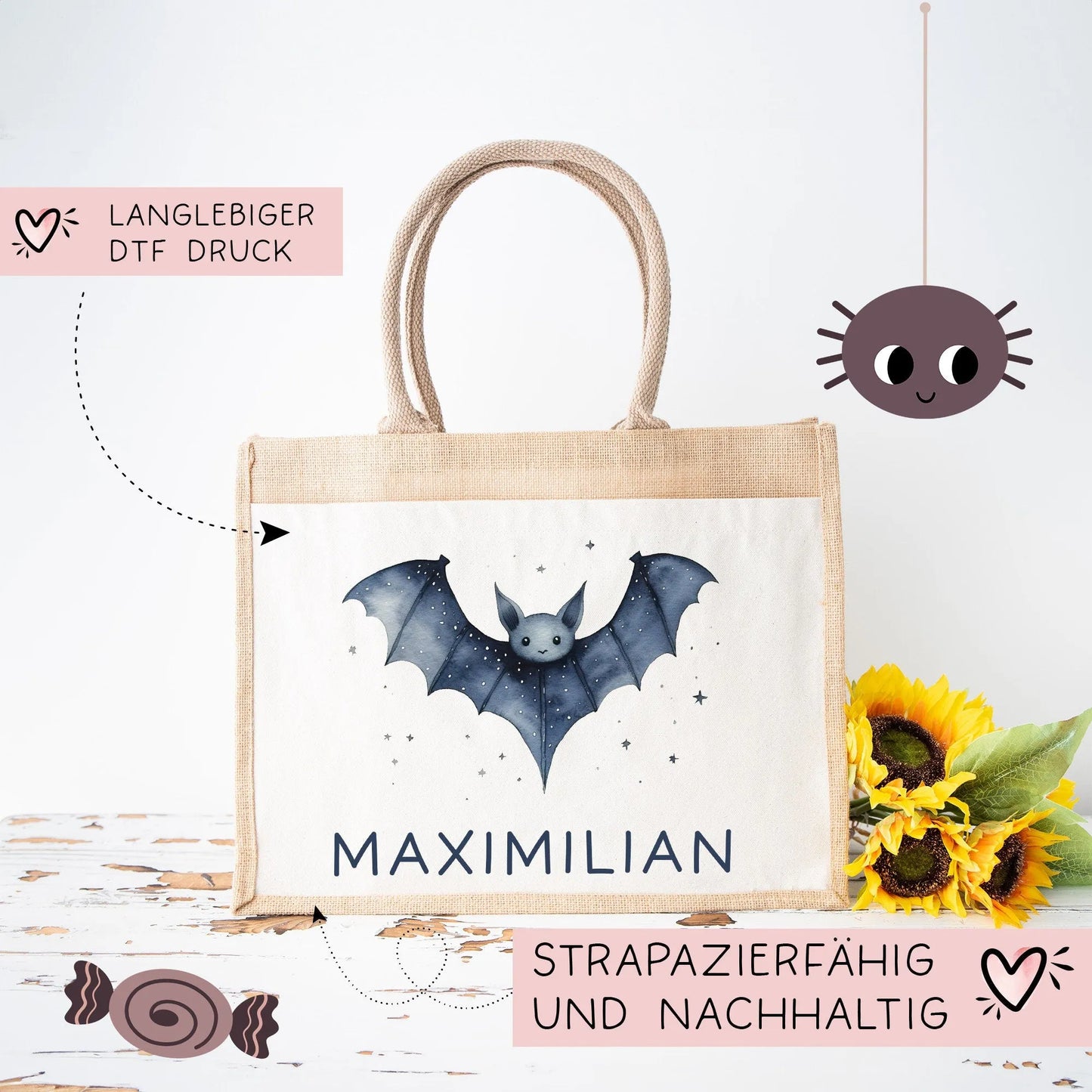 Personalisierte Halloween Tasche | Beutel mit Fledermaus und Name| Candy Bag mit Namen | Tragetasche für Kinder für Süßigkeiten an Halloween kleinebuchstaben