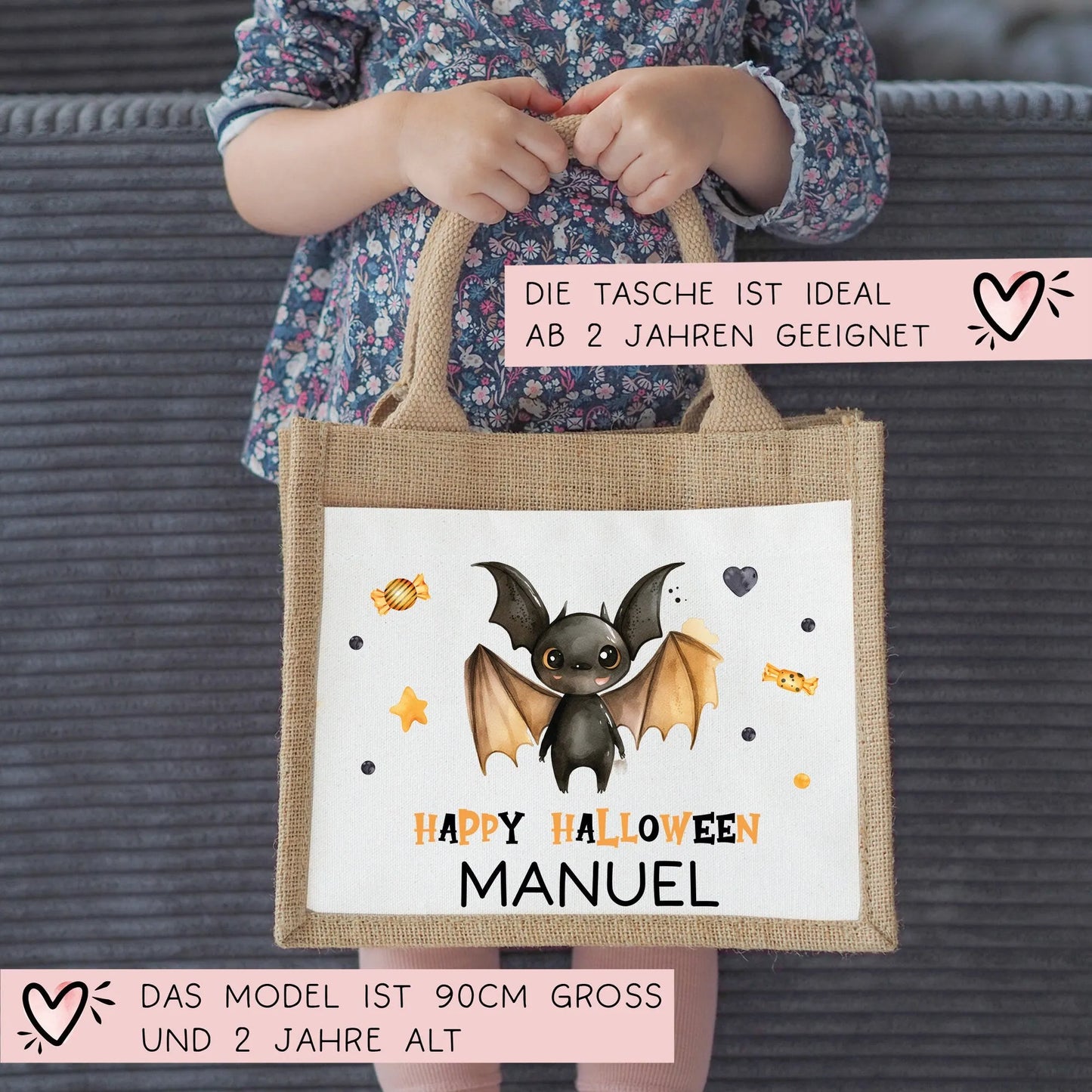 Halloween Tasche mit Wunschname | Beutel mit Fledermaus und Name | Happy Halloween | Tragetasche für Kinder für Süßigkeiten an Halloween kleinebuchstaben