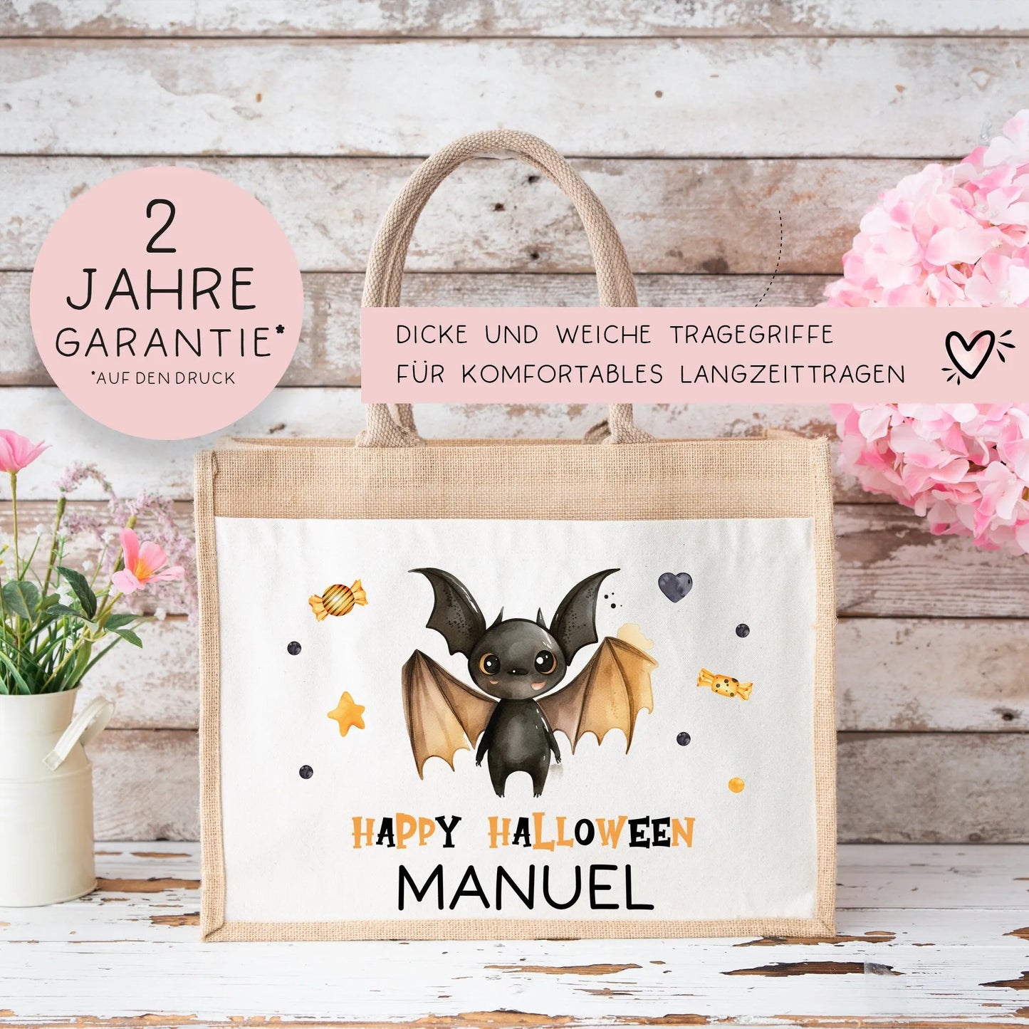 Halloween Tasche mit Wunschname | Beutel mit Fledermaus und Name | Happy Halloween | Tragetasche für Kinder für Süßigkeiten an Halloween kleinebuchstaben