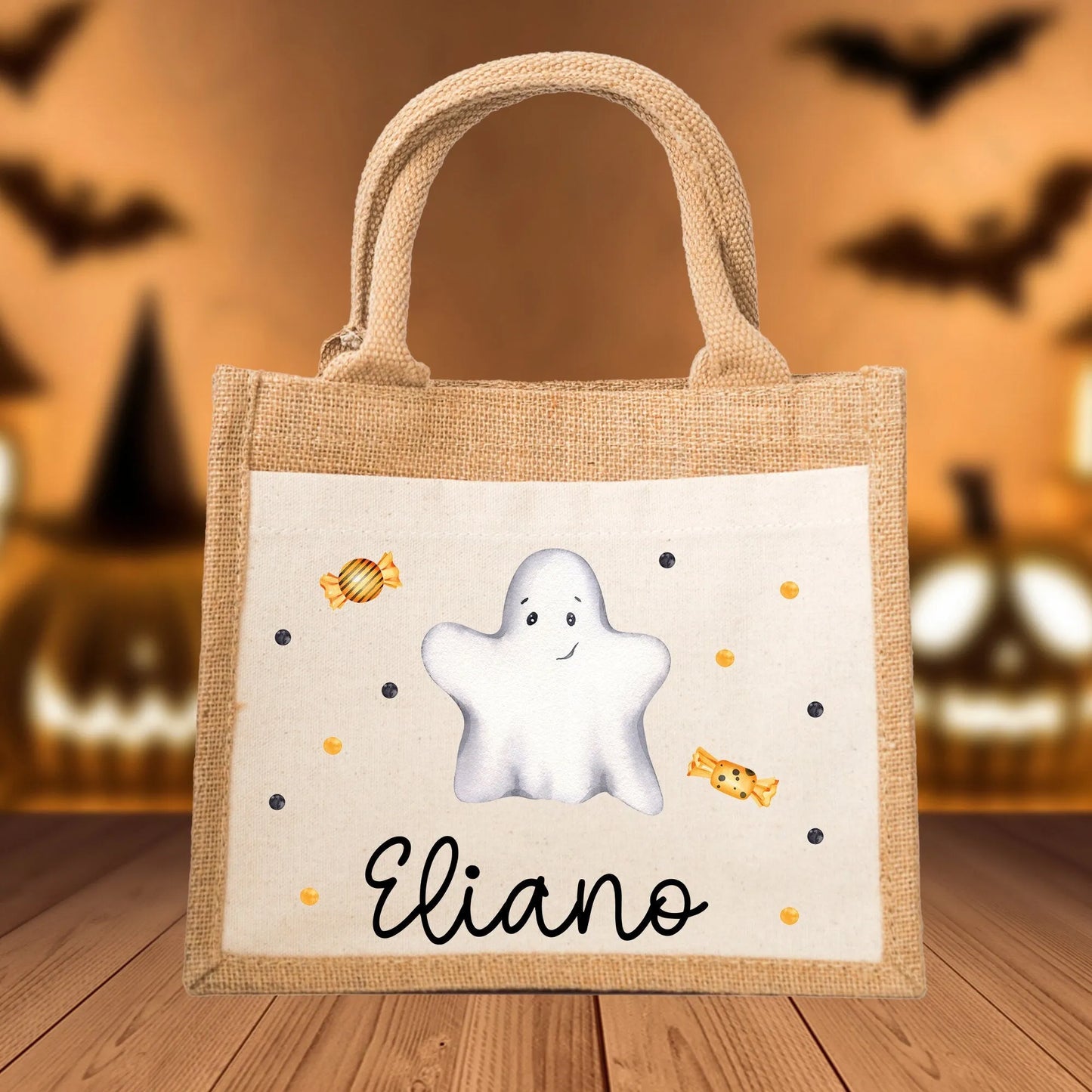 Halloween Stoff Tasche mit Namen | Beutel mit Geist und Bonbons | Candy Bag mit Namen | Tragetasche für Kinder für Süßigkeiten an Halloween kleinebuchstaben Geist Schriftart 1