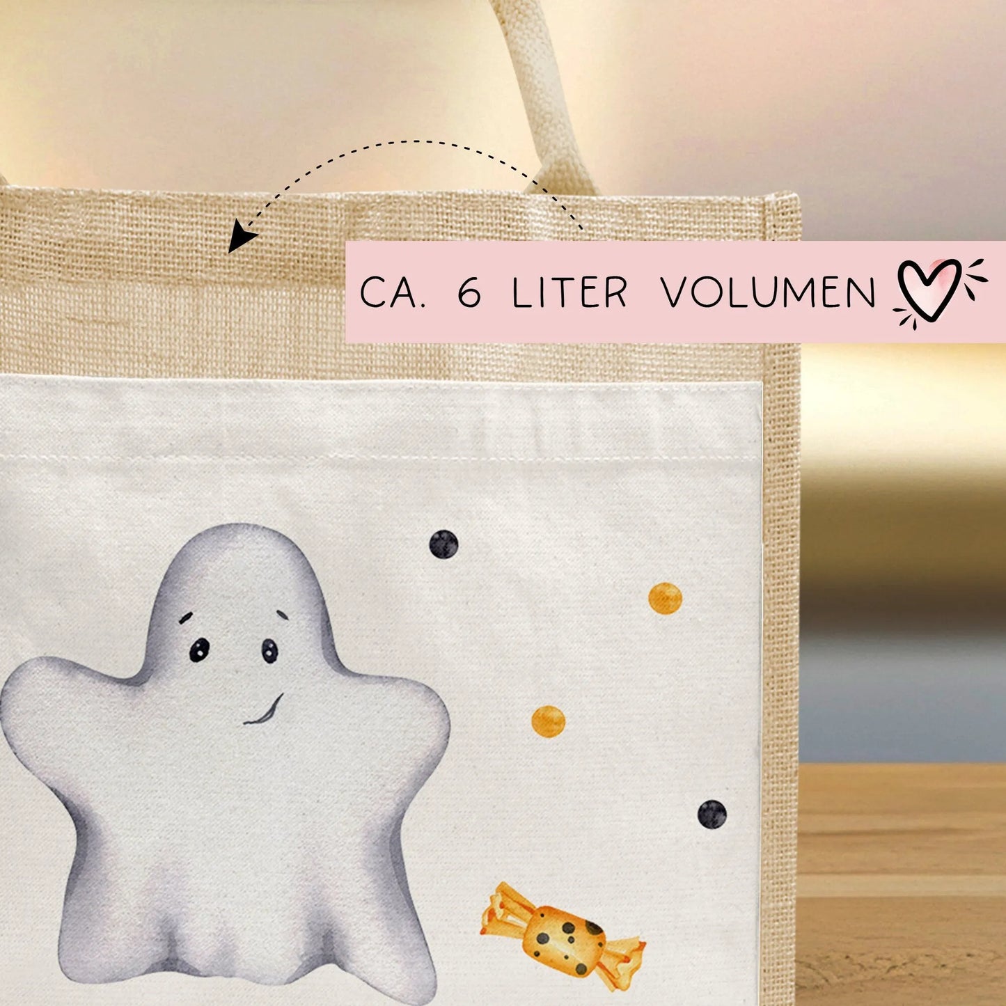 Halloween Stoff Tasche mit Namen | Beutel mit Geist und Bonbons | Candy Bag mit Namen | Tragetasche für Kinder für Süßigkeiten an Halloween kleinebuchstaben