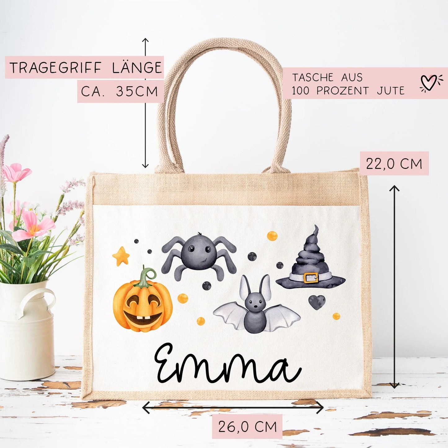 Halloween Stoff Tasche mit Namen | Beutel mit Geist, Kürbis, Spinne & Hut | Candy Bag mit Namen | Tragetasche für Kinder für Süßigkeiten kleinebuchstaben