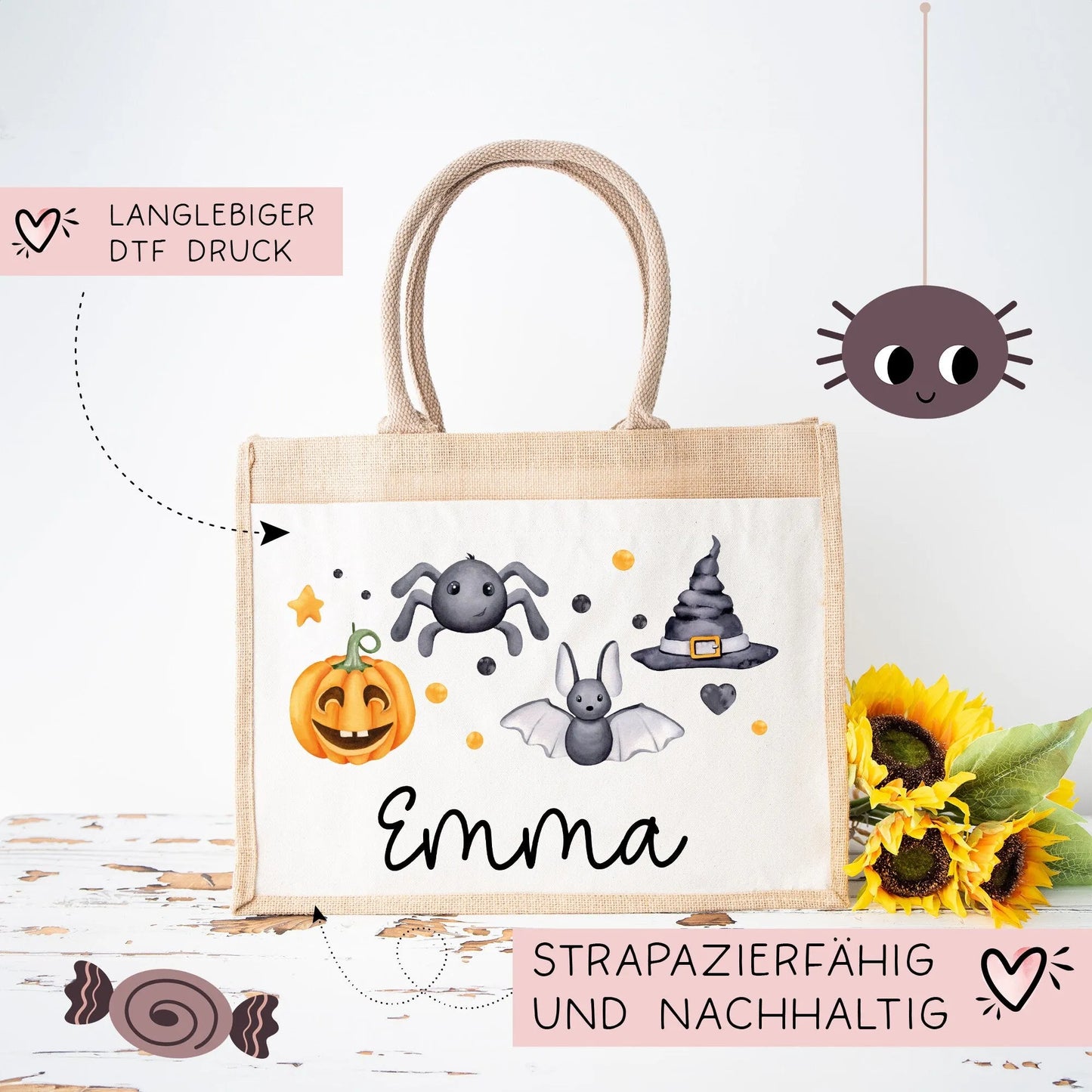 Halloween Stoff Tasche mit Namen | Beutel mit Geist, Kürbis, Spinne & Hut | Candy Bag mit Namen | Tragetasche für Kinder für Süßigkeiten kleinebuchstaben