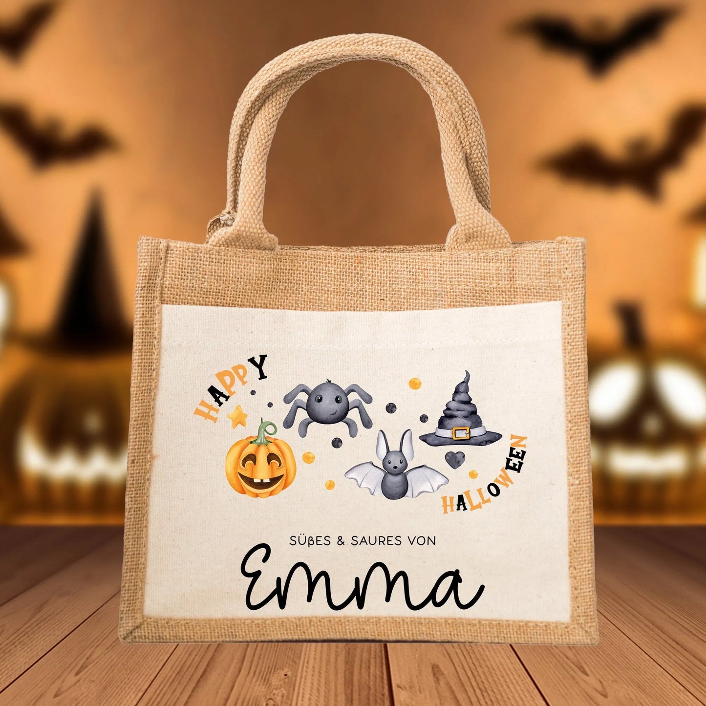 Halloween Tasche mit Namen | Süßes oder Saures | Wunschnamen | Candy Bag aus Jute | Tragetasche für Kinder für Süßigkeiten | Kürbis Spinne kleinebuchstaben Süßes oder Saures Schriftart 1