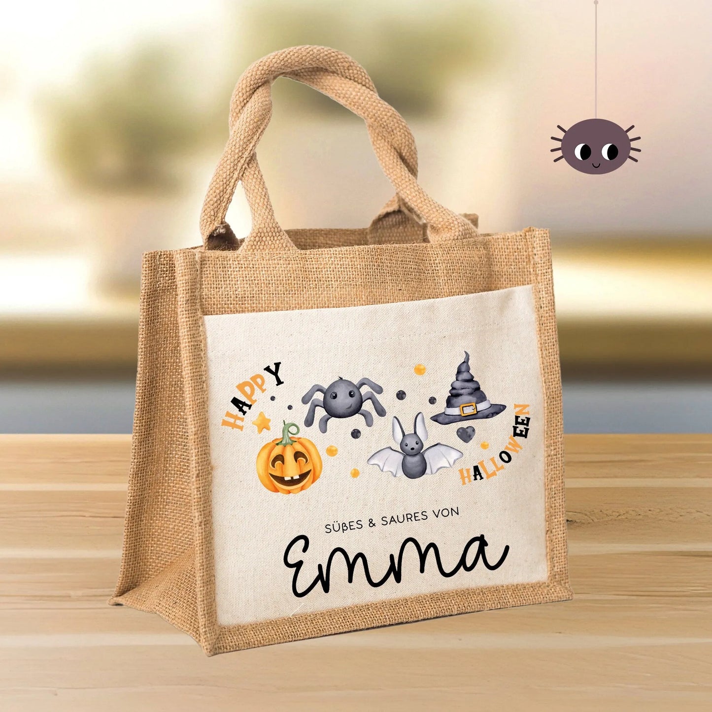 Halloween Tasche mit Namen | Süßes oder Saures | Wunschnamen | Candy Bag aus Jute | Tragetasche für Kinder für Süßigkeiten | Kürbis Spinne kleinebuchstaben