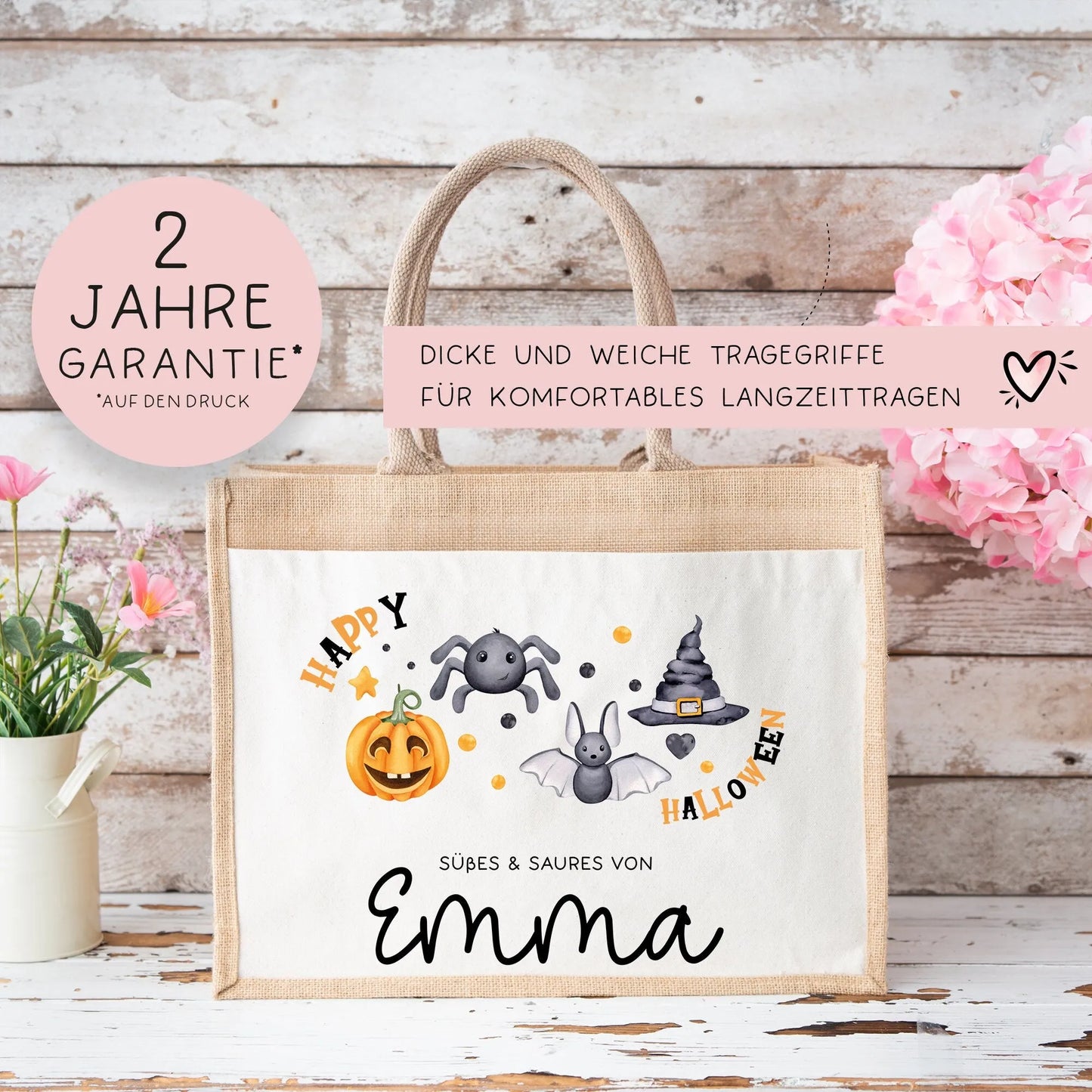 Halloween Tasche mit Namen | Süßes oder Saures | Wunschnamen | Candy Bag aus Jute | Tragetasche für Kinder für Süßigkeiten | Kürbis Spinne kleinebuchstaben