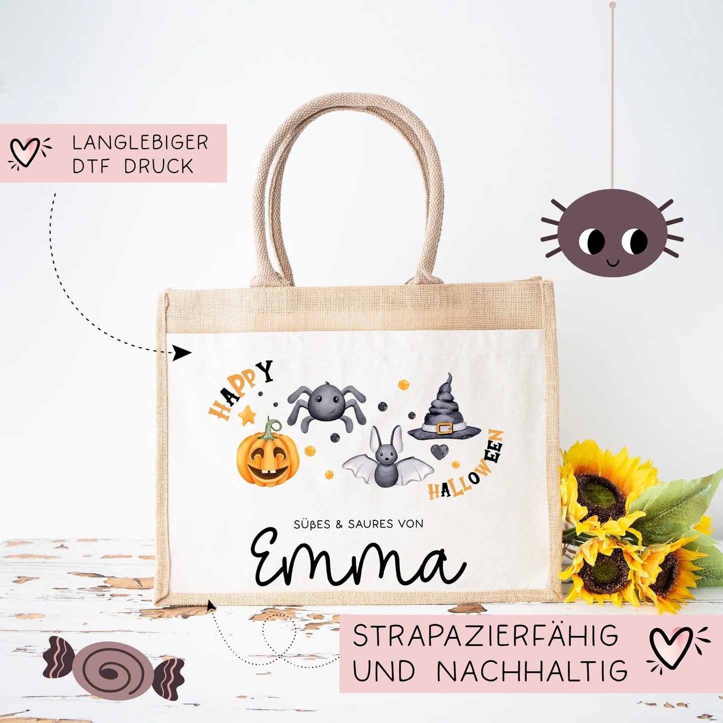 Halloween Tasche mit Namen | Süßes oder Saures | Wunschnamen | Candy Bag aus Jute | Tragetasche für Kinder für Süßigkeiten | Kürbis Spinne kleinebuchstaben