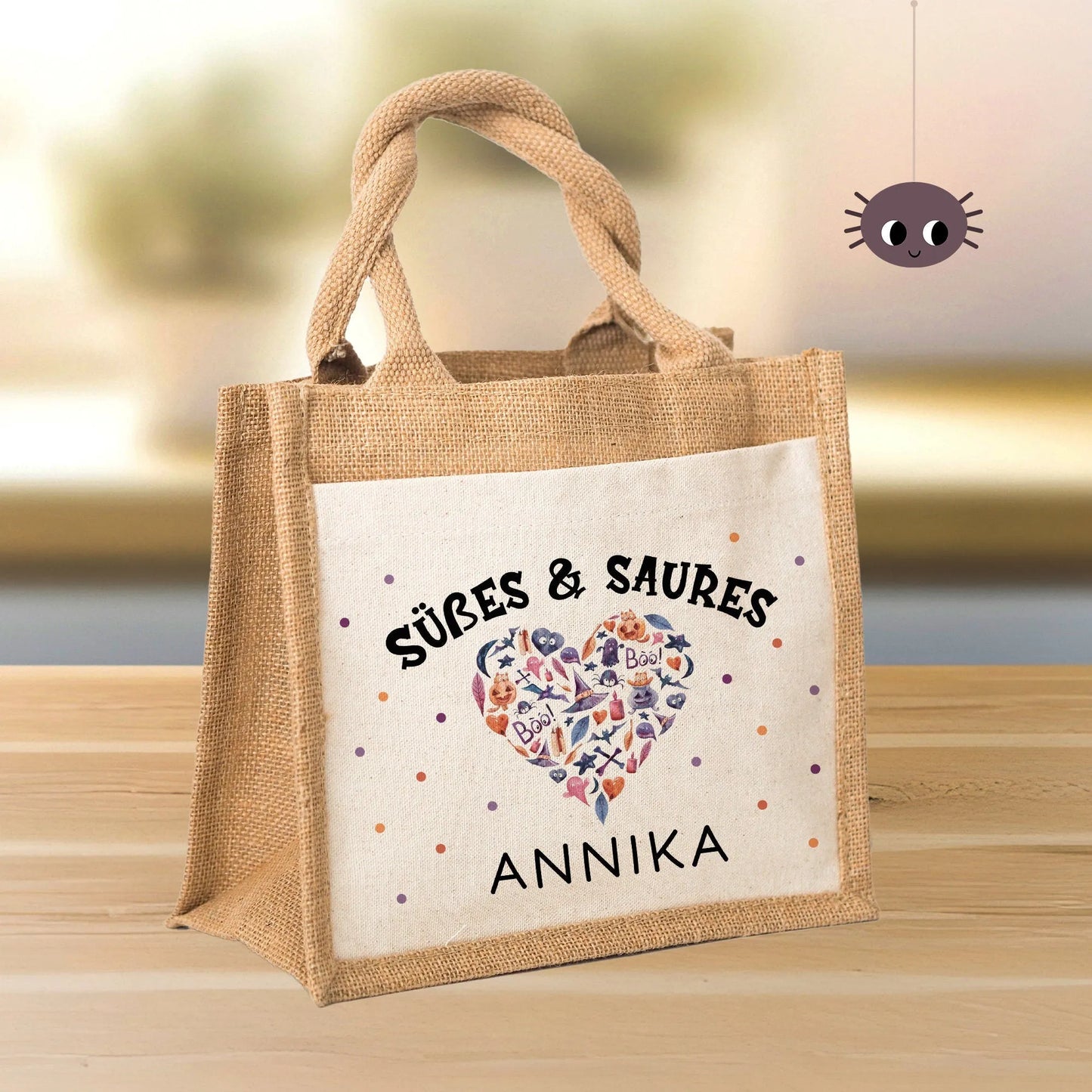 Halloween Stofftasche mit Namen | Süßes oder Saures | Wunschnamen | Candy Bag Jute | Tragetasche für Kinder für Süßigkeiten | Pocket Tasche kleinebuchstaben