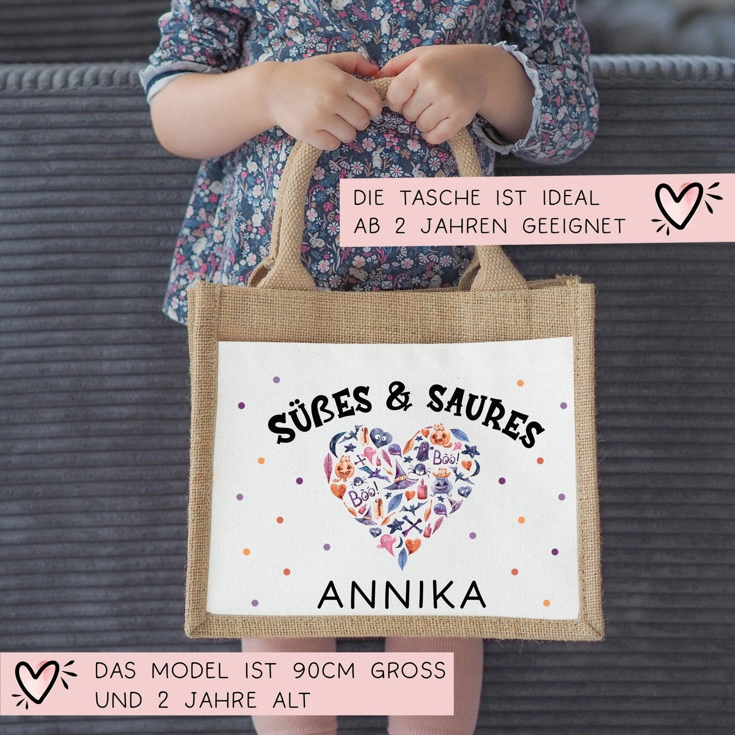 Halloween Stofftasche mit Namen | Süßes oder Saures | Wunschnamen | Candy Bag Jute | Tragetasche für Kinder für Süßigkeiten | Pocket Tasche kleinebuchstaben