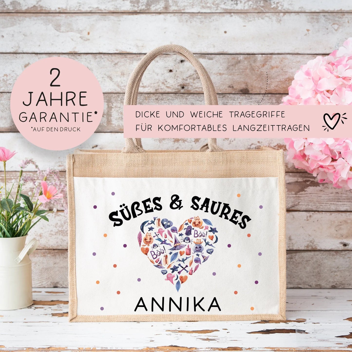 Halloween Stofftasche mit Namen | Süßes oder Saures | Wunschnamen | Candy Bag Jute | Tragetasche für Kinder für Süßigkeiten | Pocket Tasche kleinebuchstaben