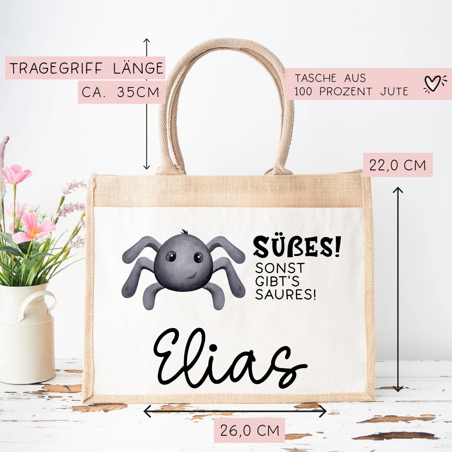 Stofftasche Halloween mit Namen | Pocket Tasche | Wunschnamen | Süßes oder Saures | Jute | Tragetasche für Kinder für Süßigkeiten | Spinne kleinebuchstaben