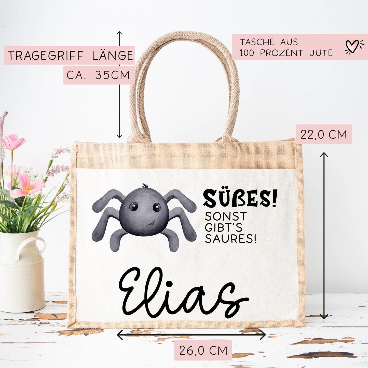 Stofftasche Halloween mit Namen | Pocket Tasche | Wunschnamen | Süßes oder Saures | Jute | Tragetasche für Kinder für Süßigkeiten | Spinne kleinebuchstaben