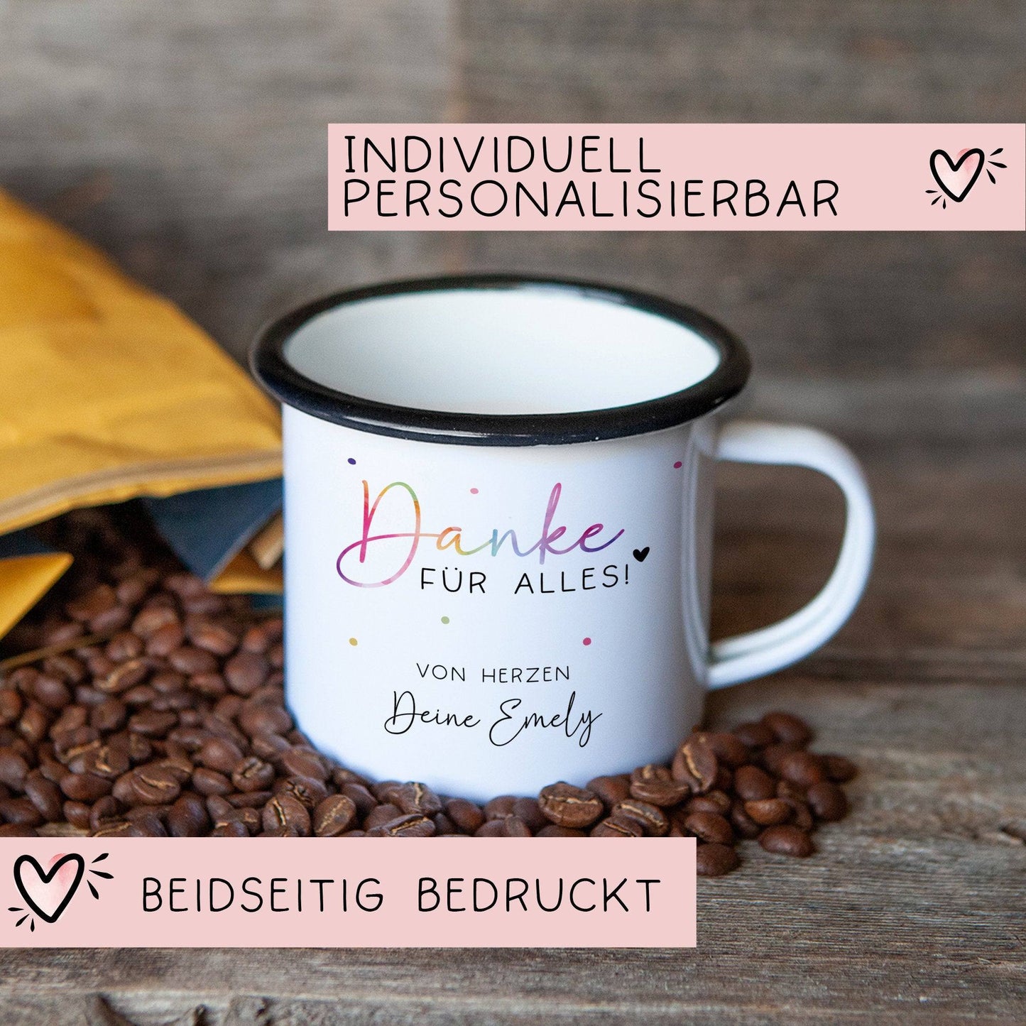 Personalisierte Tasse - Danke für alles -mit eigenen Wunschtext. Kaffee-Tasse Dankeschön-Geschenke Vatertag Muttertag Geburtstag Weihnachten kleinebuchstaben Emaille - Schwarz