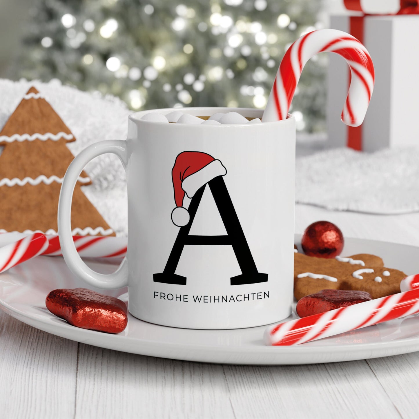 Personalisierte Keramik Tasse Weihnachten Nikolaus - Monogramm - Anfangsbuchstabe - Frohe Weihnachten - Merry Christmas - Glühwein - Becher kleinebuchstaben Weiß FROHE WEIHNACHTEN