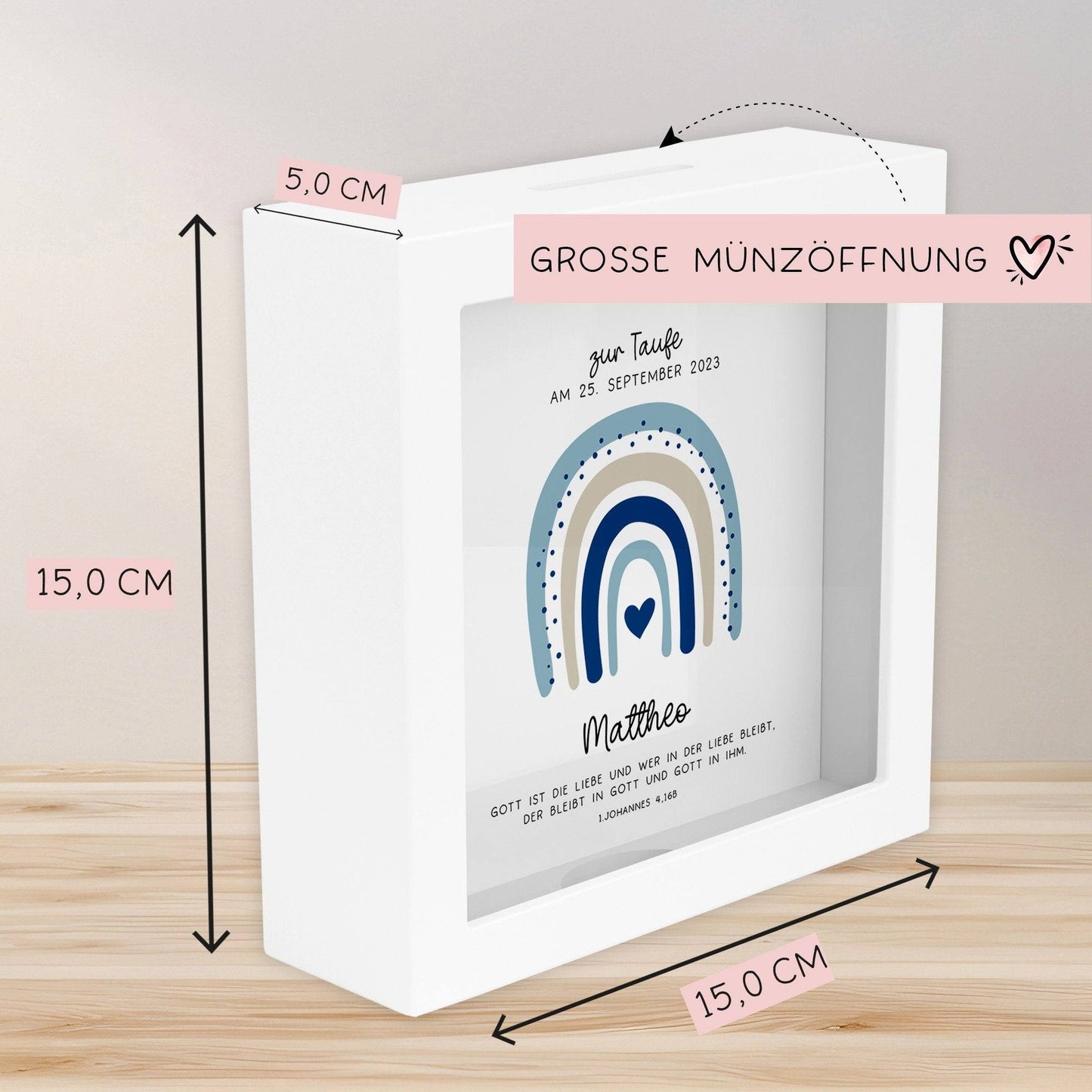 Holz Spardose Taufe personalisiert mit Namen zur Geburt Kommunion Konfirmation eines Kindes mit Taufspruch und als Geldgeschenk–Taufgeschenk kleinebuchstaben