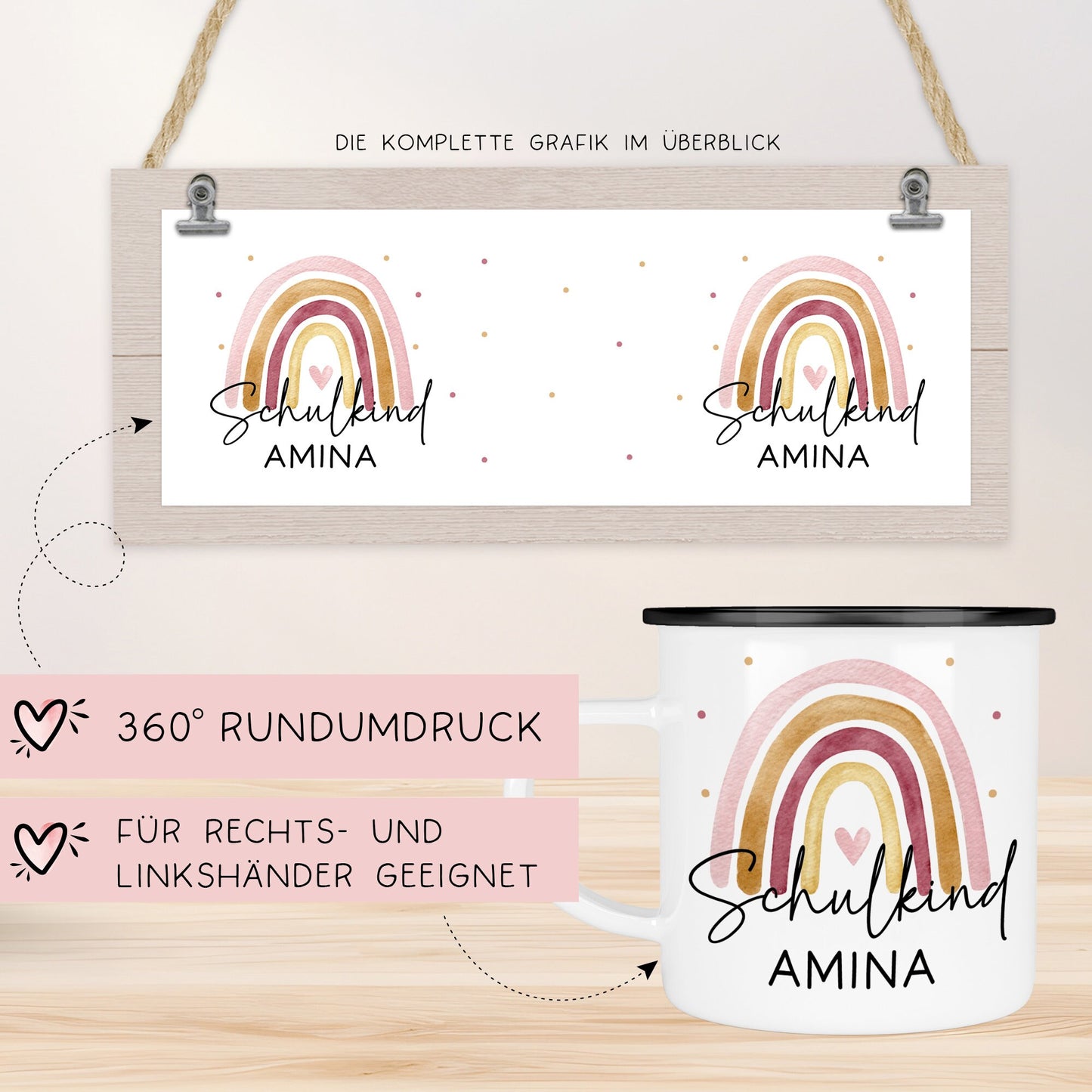 Tasse Schulkind, Tasse Einschulung, Schulkind 2024, Tasse Schulanfang, Einschulung Mädchen, Einschulung Junge mit Regenbogen. Schultüte kleinebuchstaben