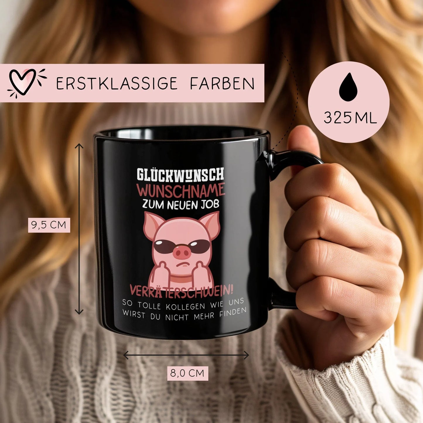 Neuer Job Tasse mit Namen - Abschiedsgeschenk Kollegen - Personalisierte Tasse mit Spruch: Glückwunsch zum neuen Job Kaffeetasse Sparschwein kleinebuchstaben