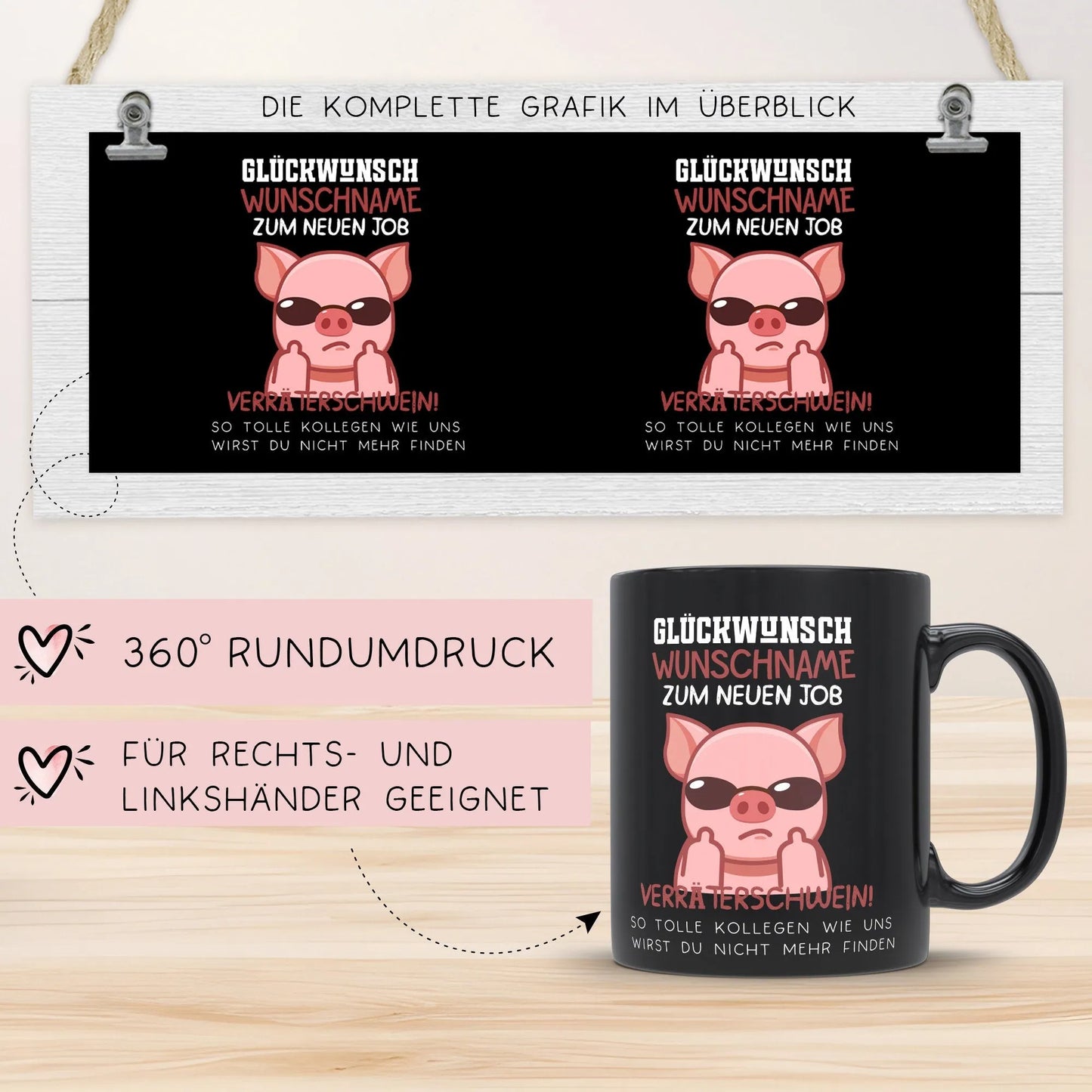 Neuer Job Tasse mit Namen - Abschiedsgeschenk Kollegen - Personalisierte Tasse mit Spruch: Glückwunsch zum neuen Job Kaffeetasse Sparschwein kleinebuchstaben