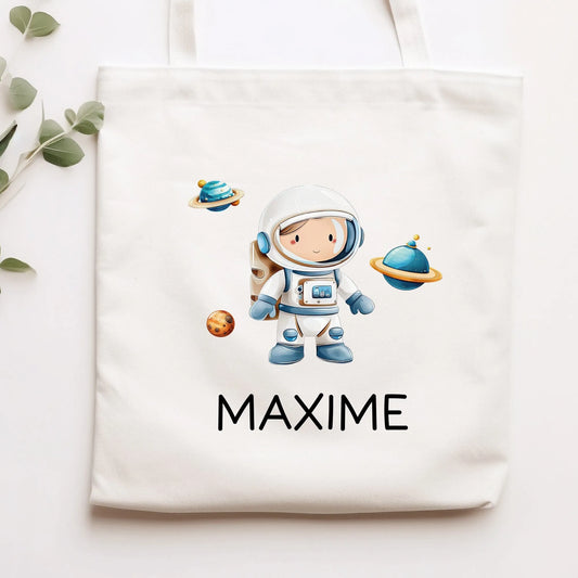 Astronaut Stofftasche Einkaufstasche Kinder-Beutel mit Namen als Sporttasche, Tragetasche Wechselwäsche für Kita Schule & Kindergarten  kleinebuchstaben