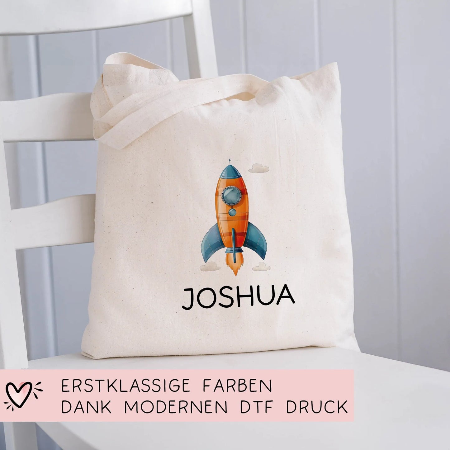 Rakete Stofftasche Personalisiert - Einkaufstasche Kinder-Beutel mit Namen als Sporttasche, Tragetasche Wechselwäsche für Kita Schule- 03 kleinebuchstaben