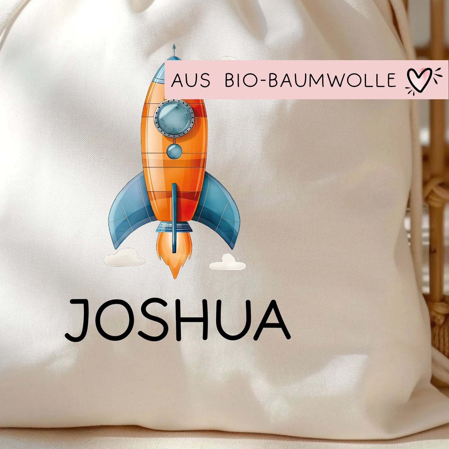 Rakete Stofftasche Personalisiert - Einkaufstasche Kinder-Beutel mit Namen als Sporttasche, Tragetasche Wechselwäsche für Kita Schule- 03 kleinebuchstaben