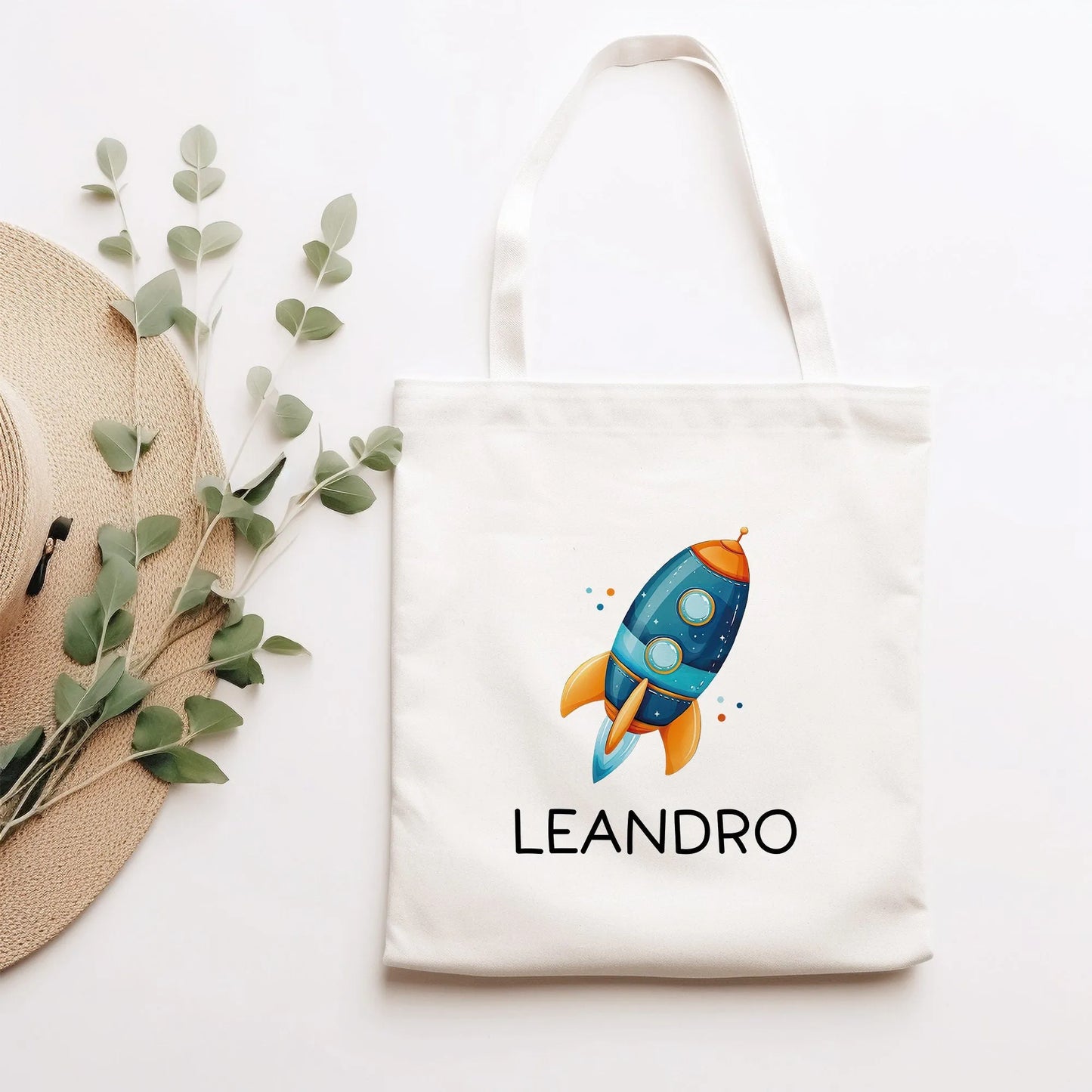 Rakete Personalisiert Stofftasche - Einkaufstasche Kinder-Beutel mit Namen als Sporttasche, Tragetasche Wechselwäsche für Kita Schule - 04 kleinebuchstaben