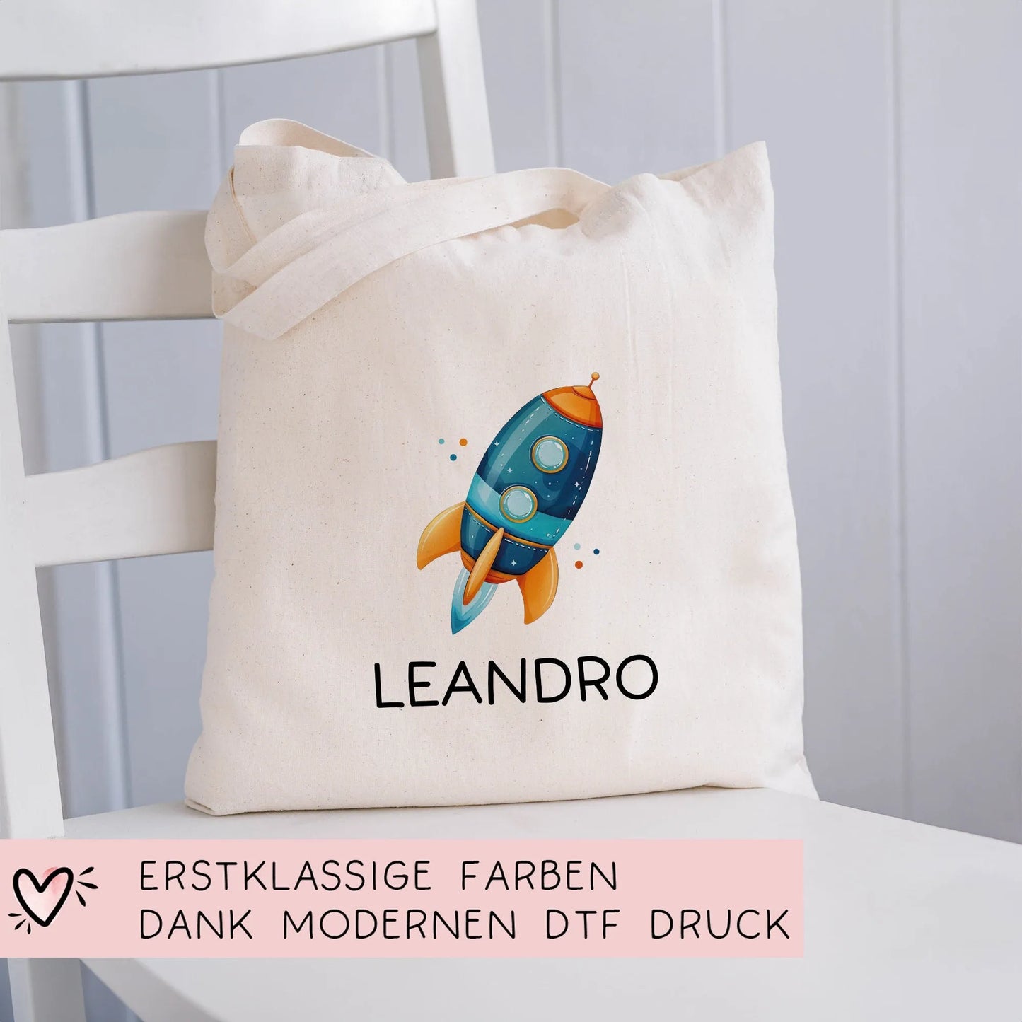 Rakete Personalisiert Stofftasche - Einkaufstasche Kinder-Beutel mit Namen als Sporttasche, Tragetasche Wechselwäsche für Kita Schule - 04 kleinebuchstaben