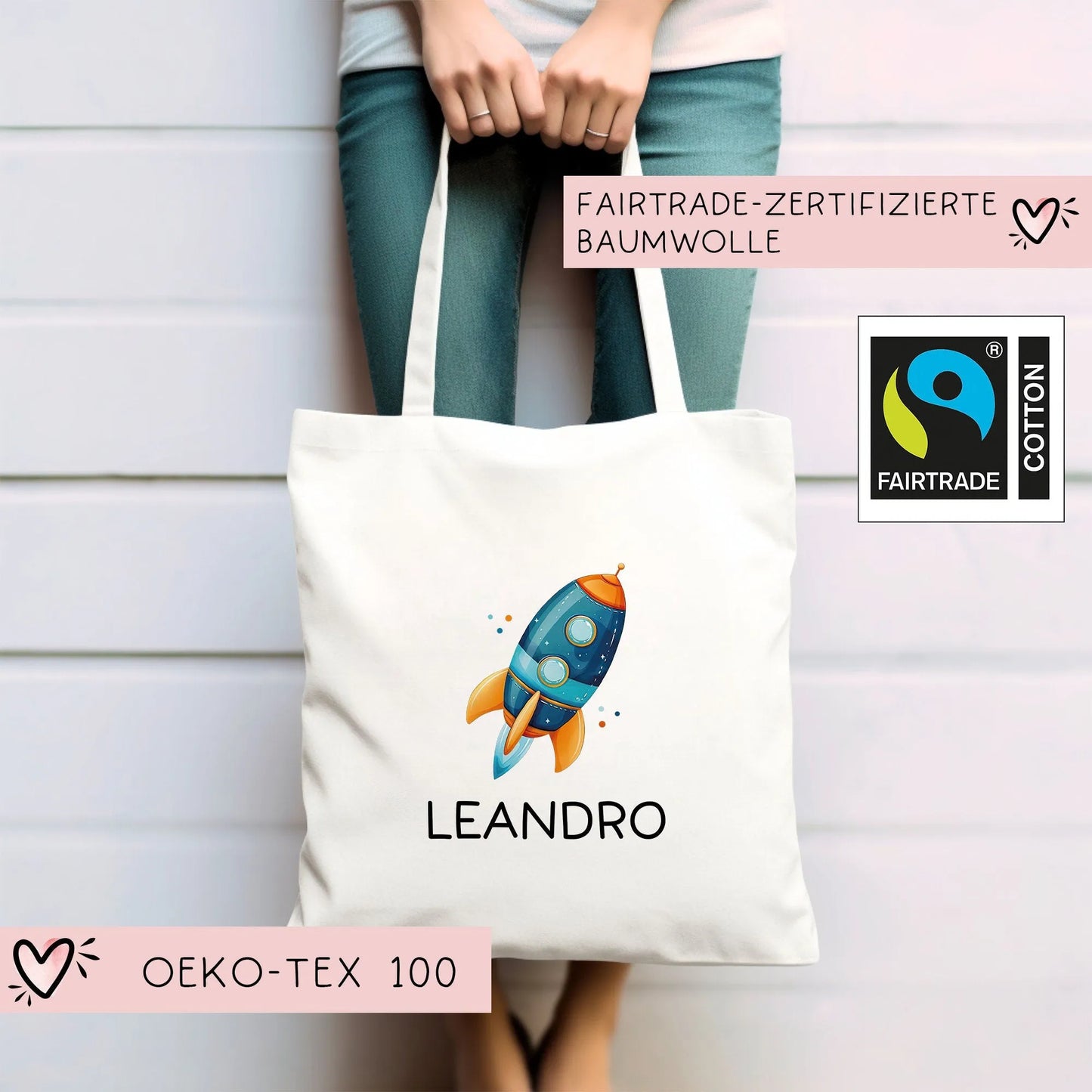 Rakete Personalisiert Stofftasche - Einkaufstasche Kinder-Beutel mit Namen als Sporttasche, Tragetasche Wechselwäsche für Kita Schule - 04 kleinebuchstaben