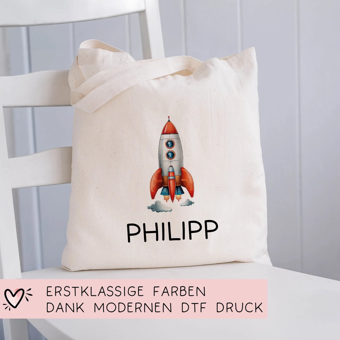 Stofftasche Rakete Personalisiert - Kinder-Beutel Einkaufstasche mit Namen als Sporttasche, Tragetasche Wechselwäsche für Kita Schule - 06 kleinebuchstaben