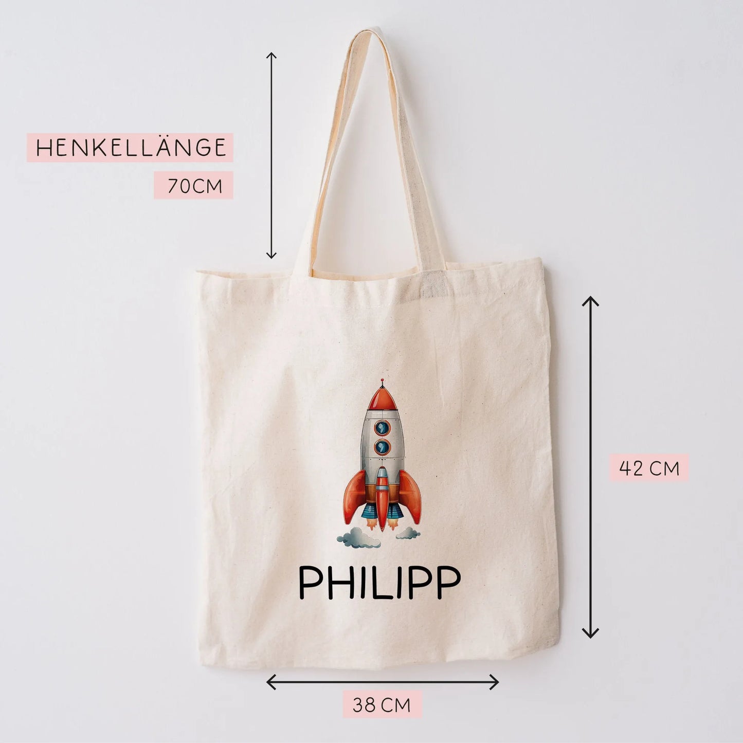 Stofftasche Rakete Personalisiert - Kinder-Beutel Einkaufstasche mit Namen als Sporttasche, Tragetasche Wechselwäsche für Kita Schule - 06 kleinebuchstaben