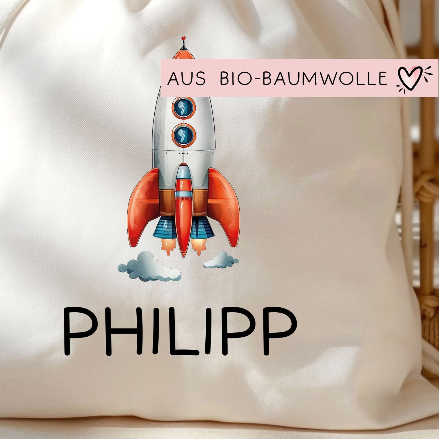 Stofftasche Rakete Personalisiert - Kinder-Beutel Einkaufstasche mit Namen als Sporttasche, Tragetasche Wechselwäsche für Kita Schule - 06 kleinebuchstaben